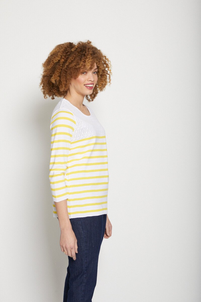 Pull rayé avec maille ajourée col rond Femme Jaune MATANE DR1