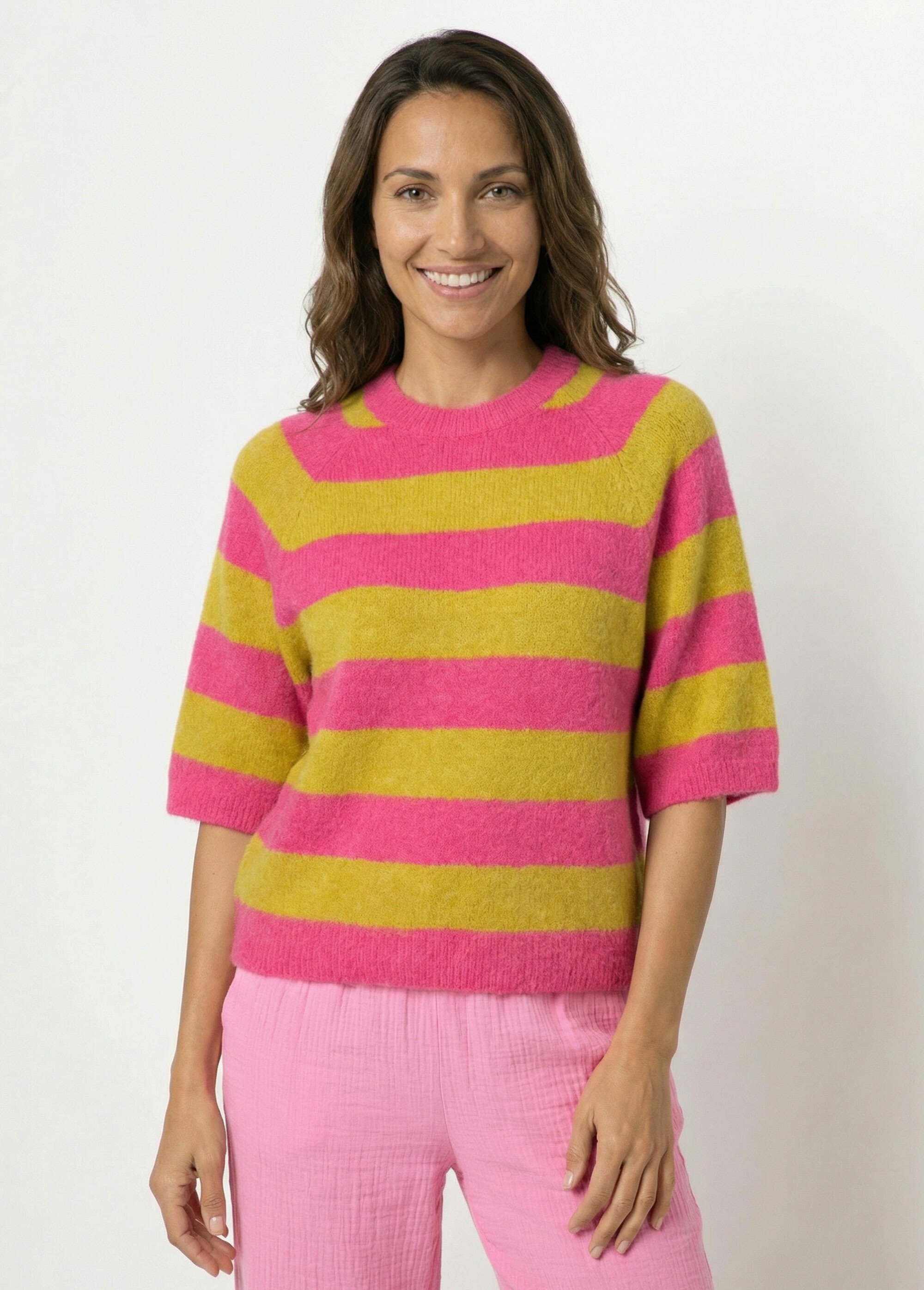 Pull rayé manches courtes avec laine Femme Rose JB-A8560 FA1