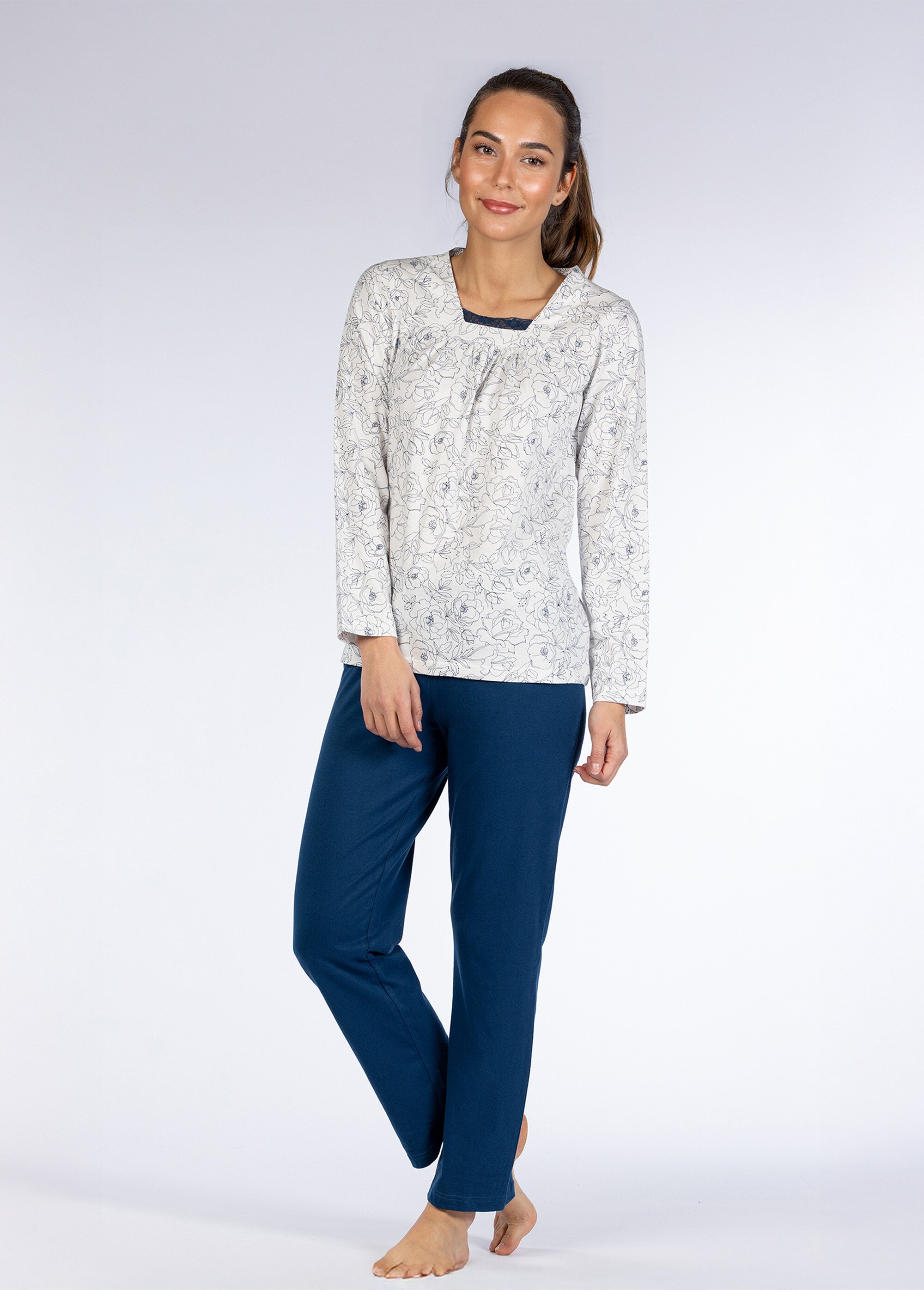 Pyjama manches longues détail col Femme Bleu CTMBE.BROD.PYGT FA1