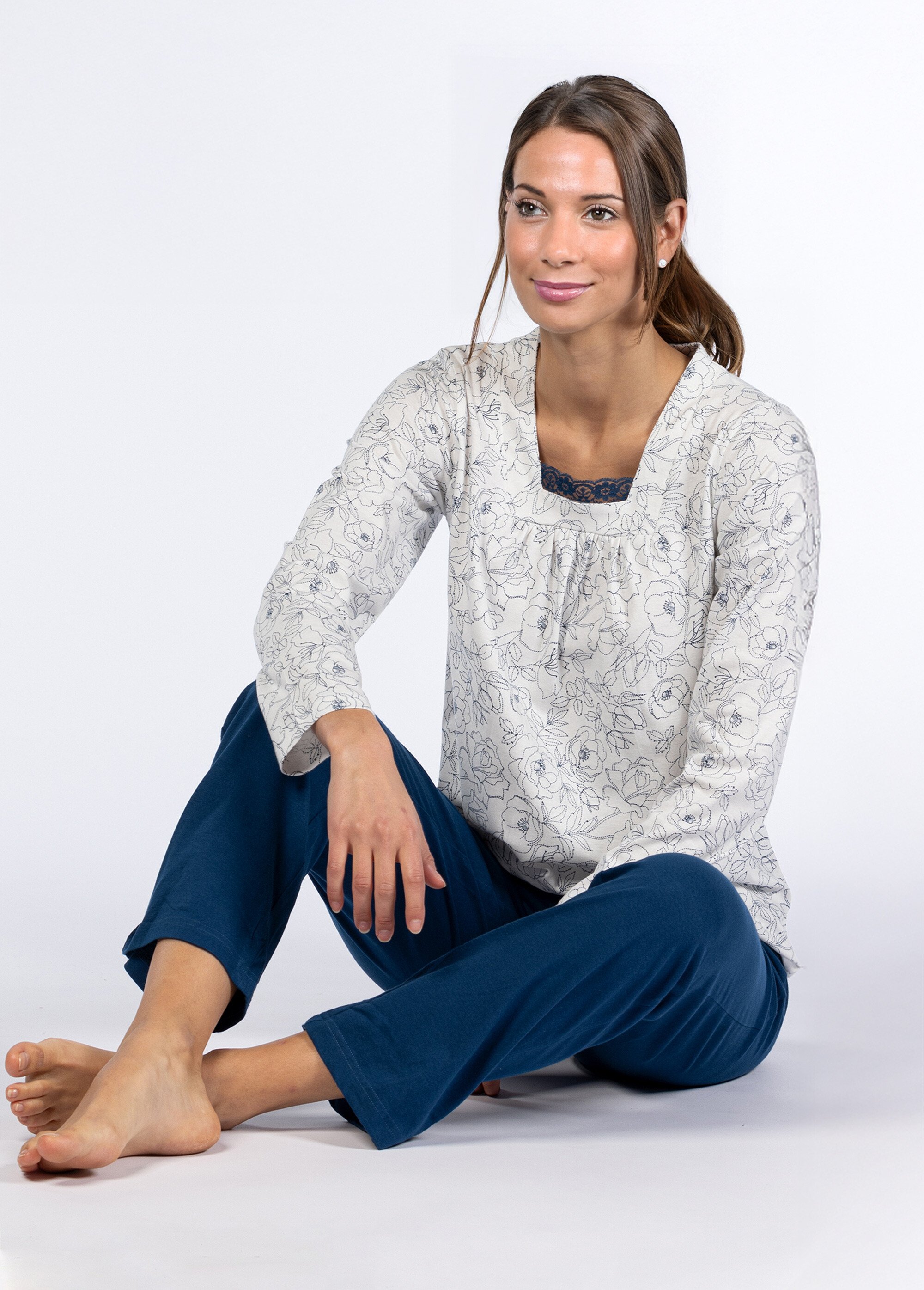 Pyjama manches longues détail col Femme Bleu CTMBE.BROD.PYGT SI1