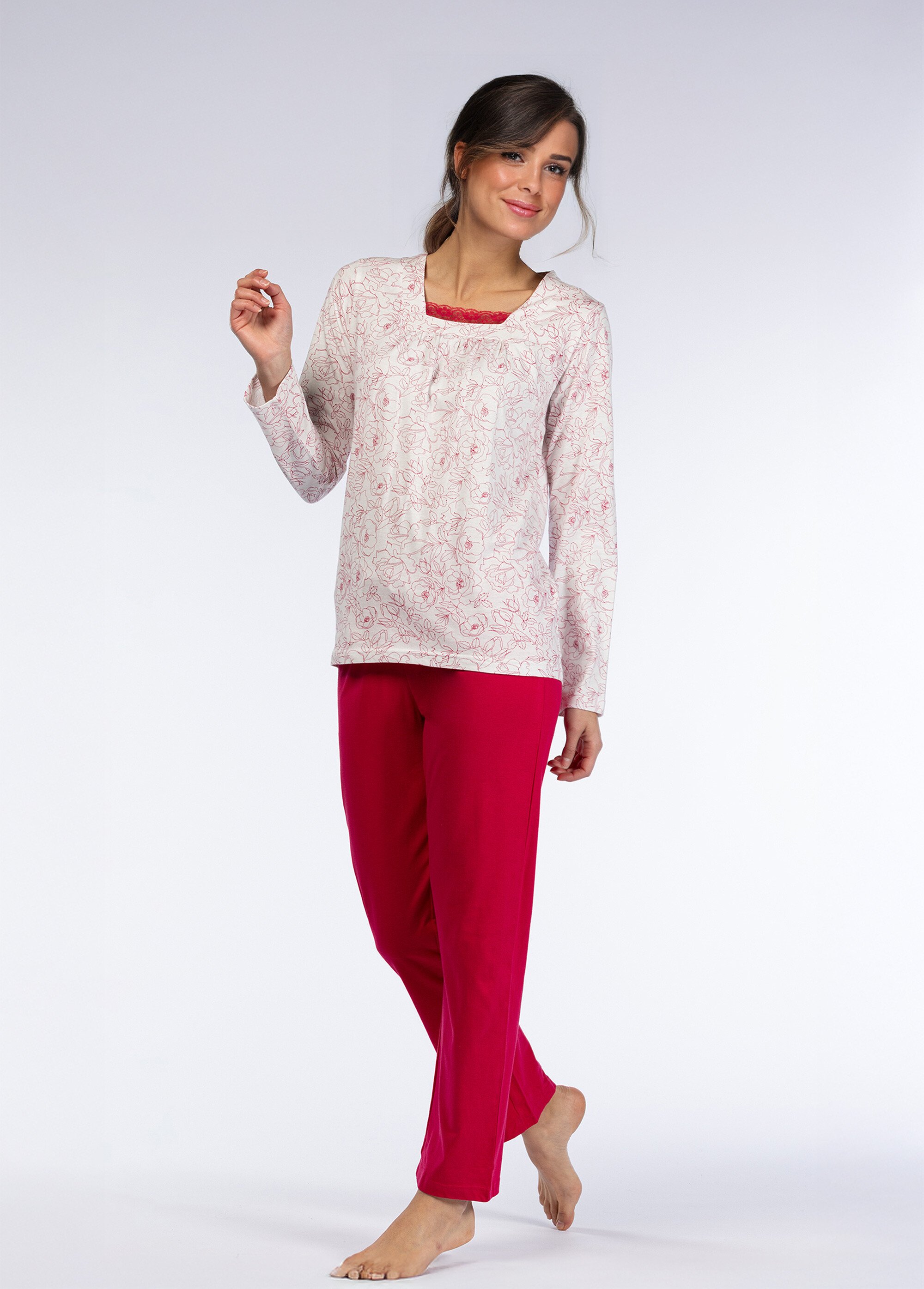 Pyjama manches longues détail col Femme Rose CTMBE.BROD.PYGT FA1