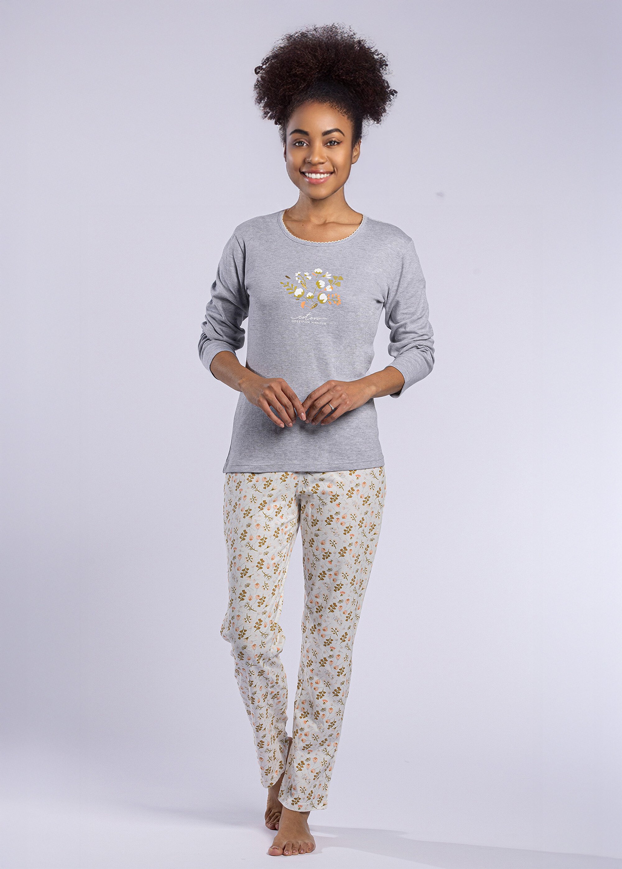 Pyjama manches longues motif placé Femme Gris CTMBE.COT.PYKGT FA1