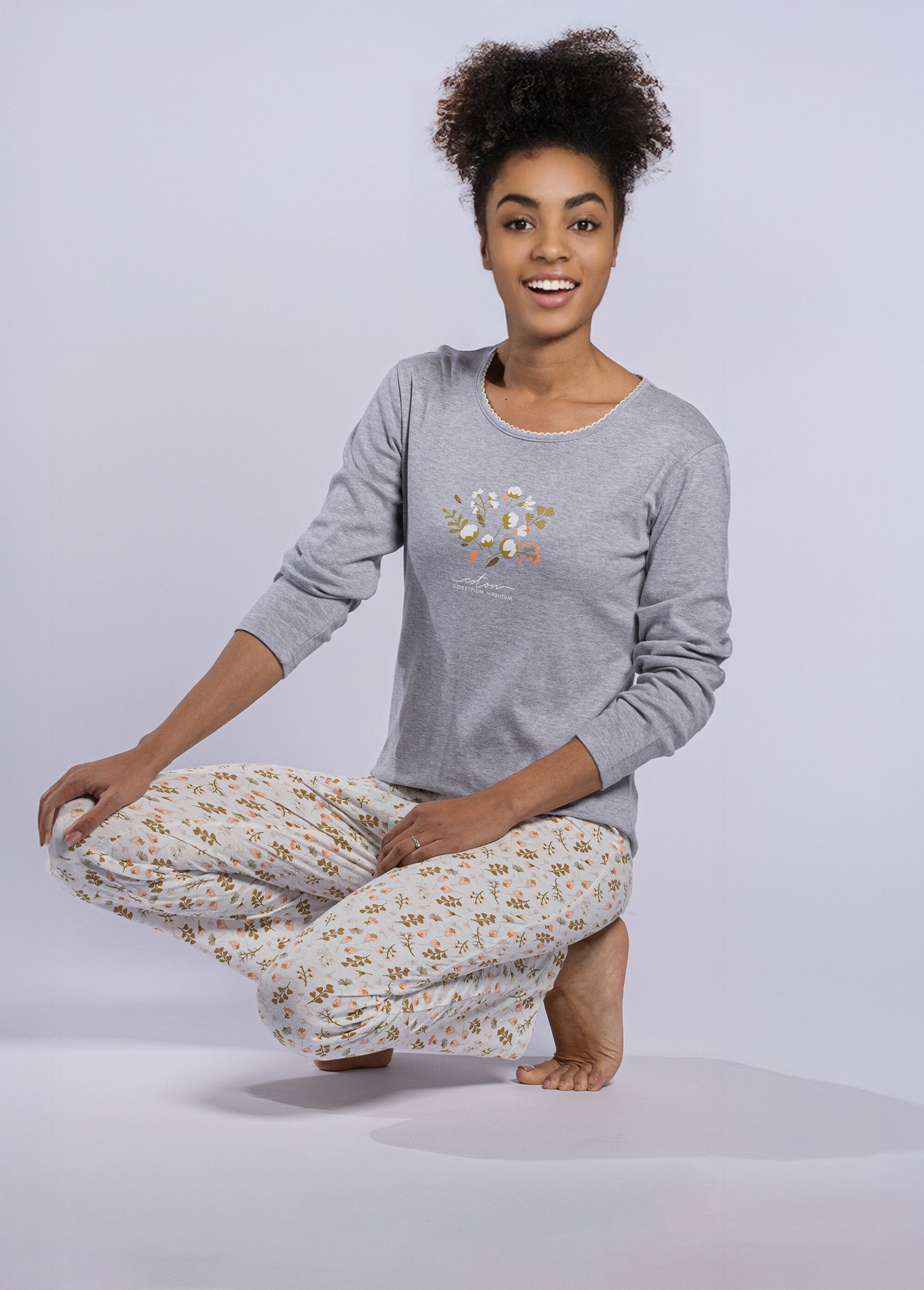 Pyjama manches longues motif placé Femme Gris CTMBE.COT.PYKGT SI1