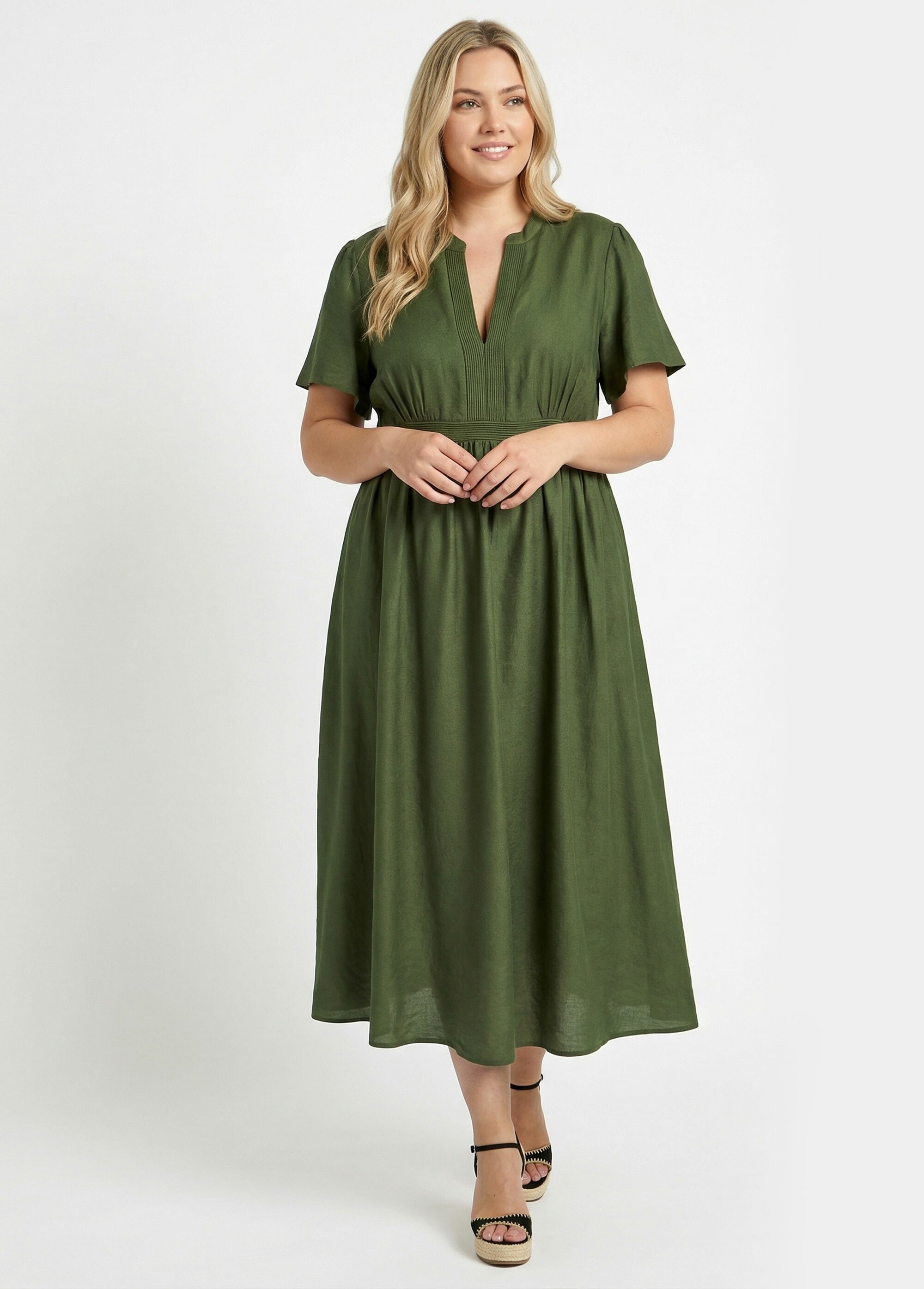 Robe longue surpiqures encolure + taille Femme Grande Taille Vert MA-M1158-2196 FA1