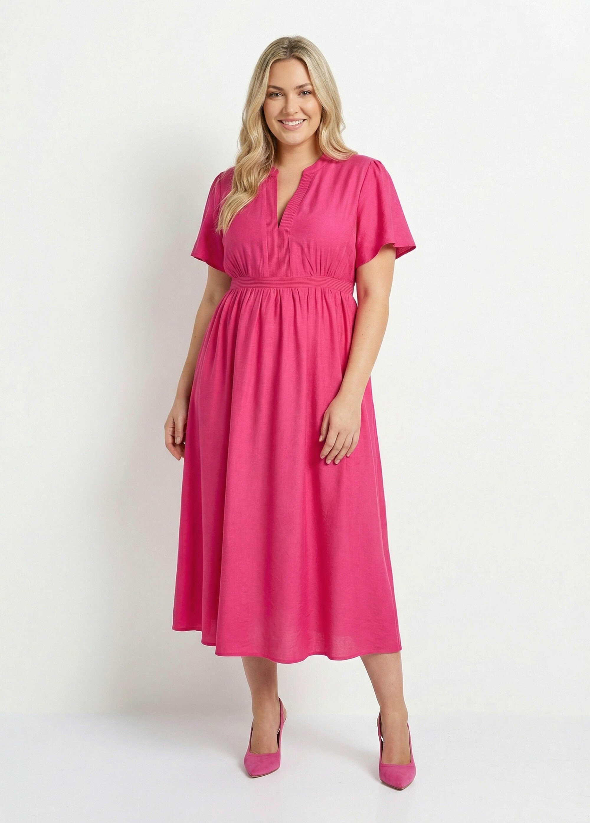 Robe longue surpiqures encolure + taille Femme Grande Taille Rose MA-M1158-2196 FA1