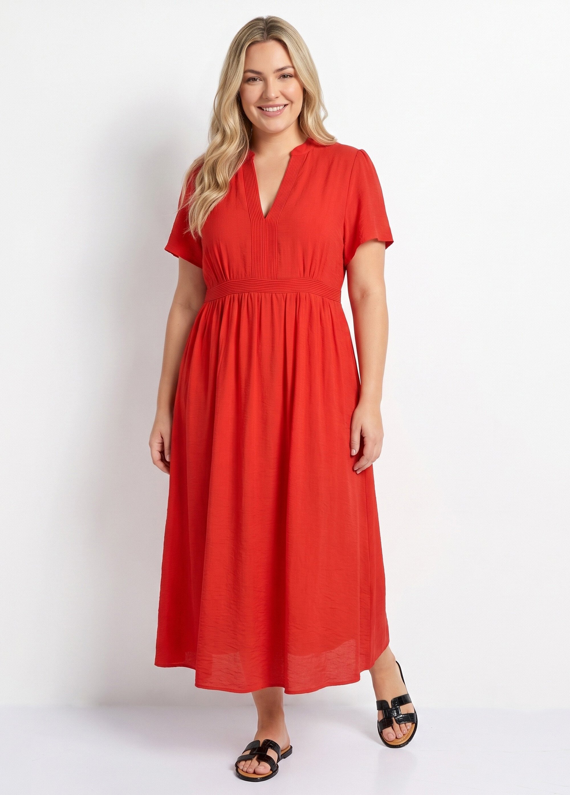 Robe longue surpiqures encolure + taille Femme Grande Taille Rouge MA-M1158-2196 FA1