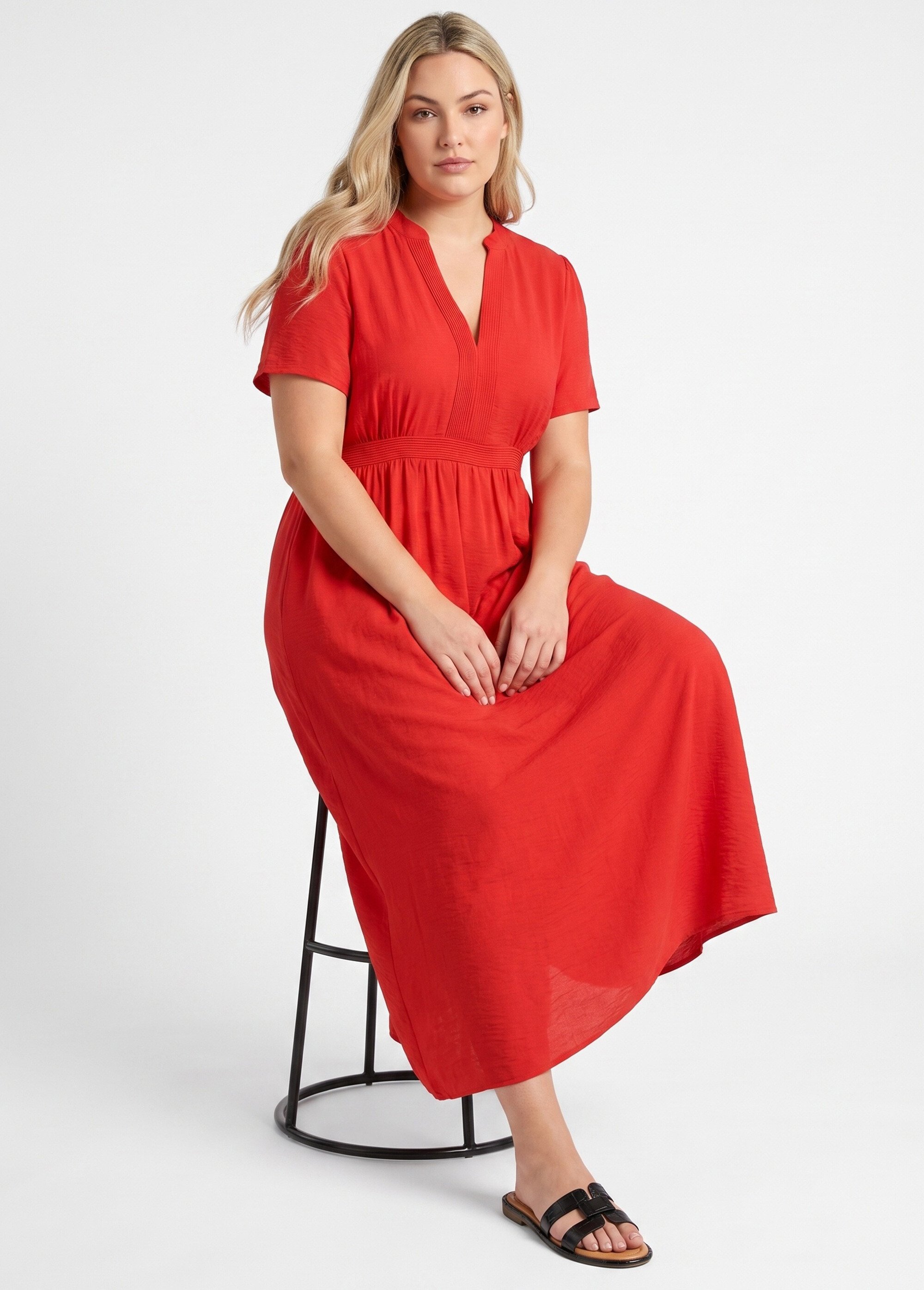 Robe longue surpiqures encolure + taille Femme Grande Taille Rouge MA-M1158-2196 MV1