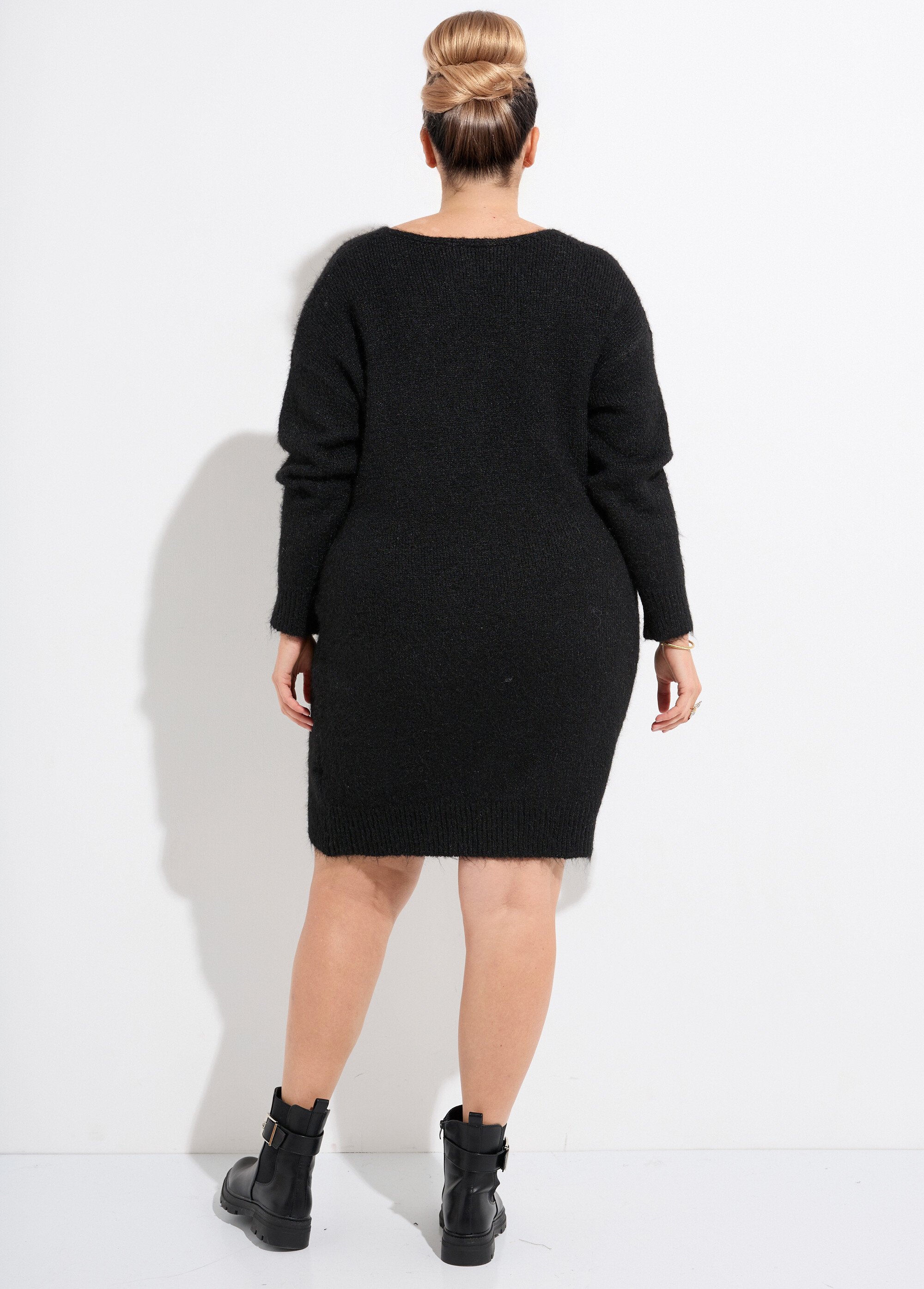 Robe pull longue en laine avec col V Femme Grande Taille Noir CHY-AE3671 DO1