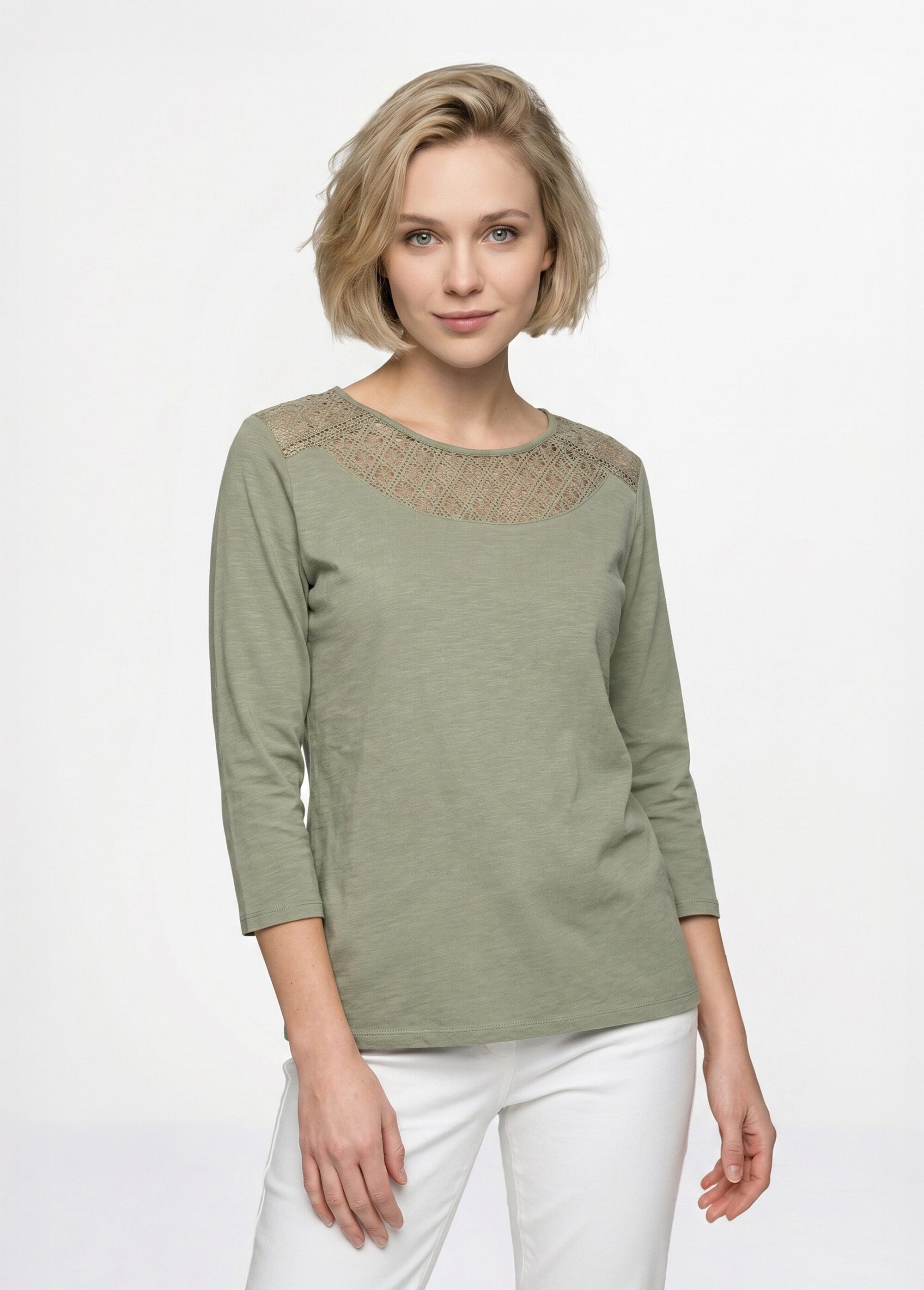 T-shirt coton et dentelle manches 3/4 Femme Vert CENTAURE FA1