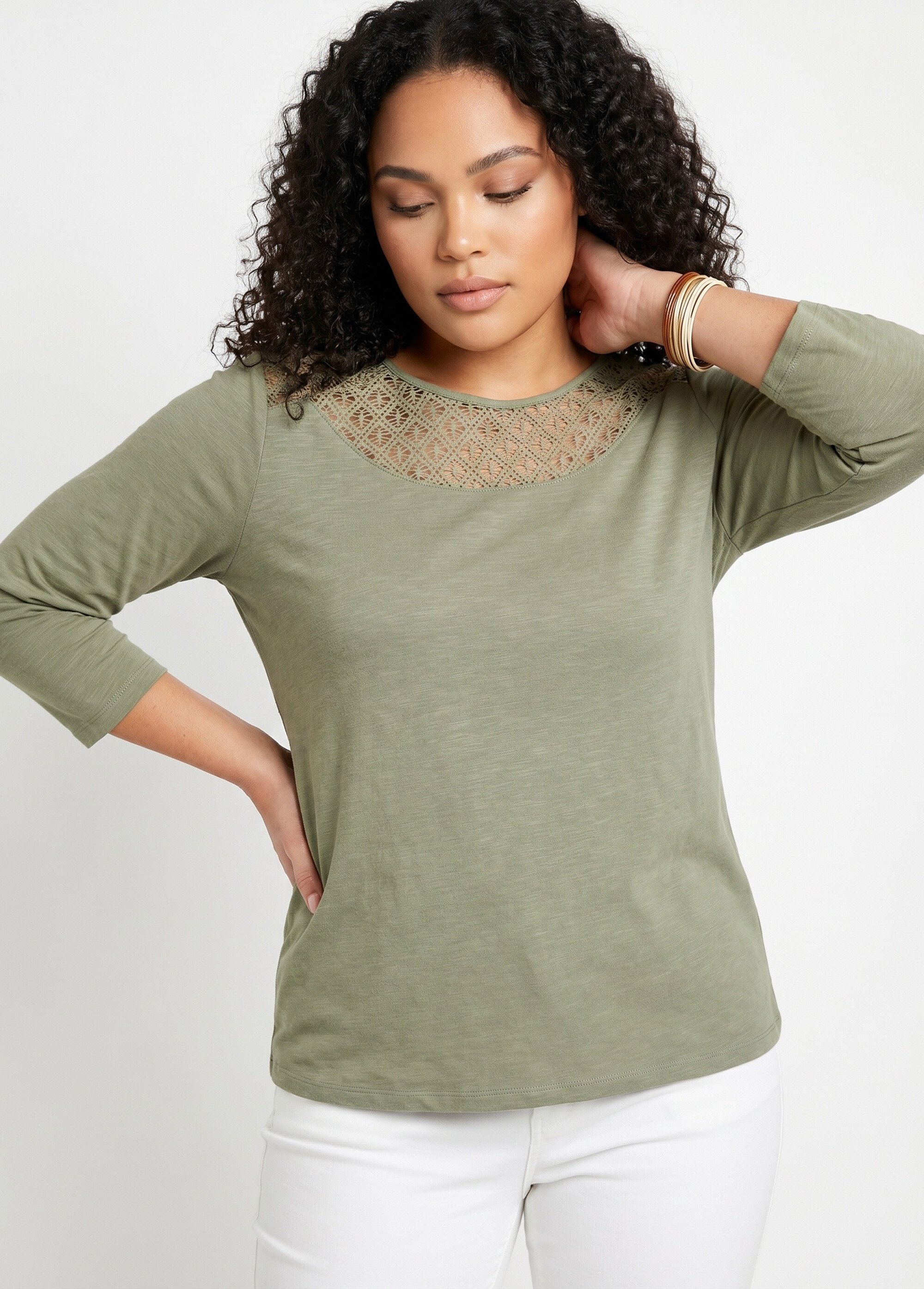 T-shirt coton et dentelle manches 3/4 Femme Grande Taille Vert CENTAURE MV1