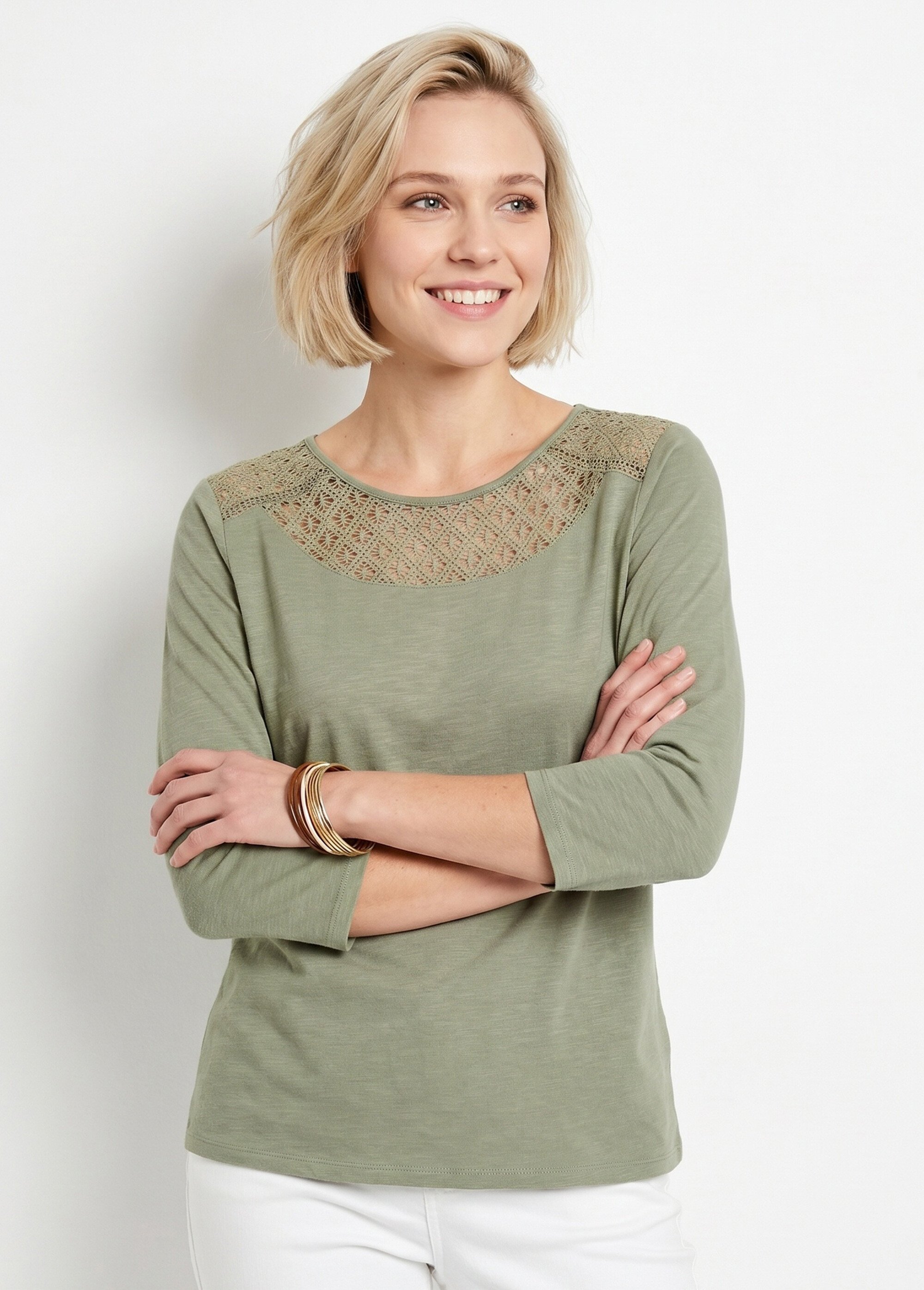 T-shirt coton et dentelle manches 3/4 Femme Vert CENTAURE MV1