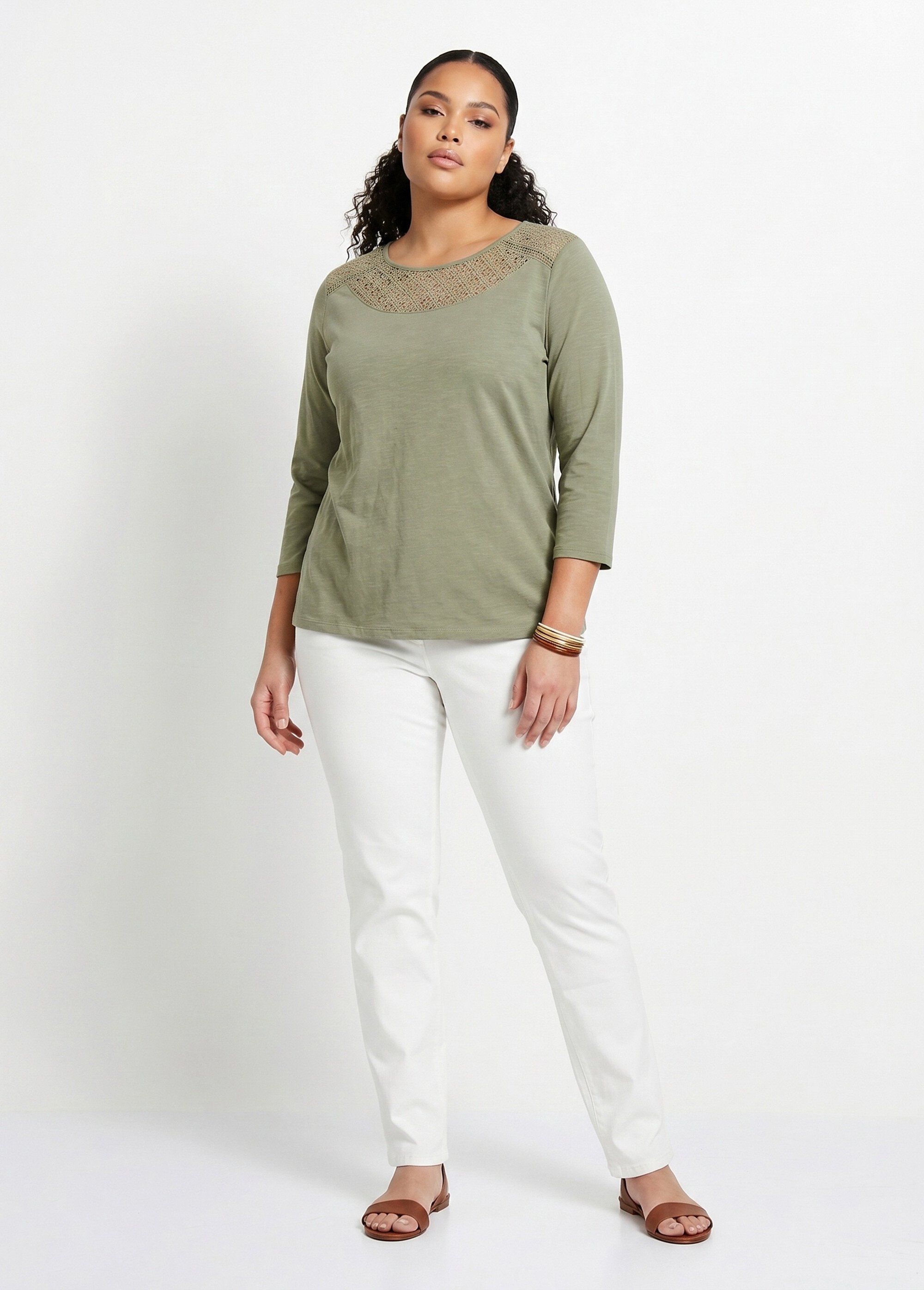 T-shirt coton et dentelle manches 3/4 Femme Grande Taille Vert CENTAURE SI1