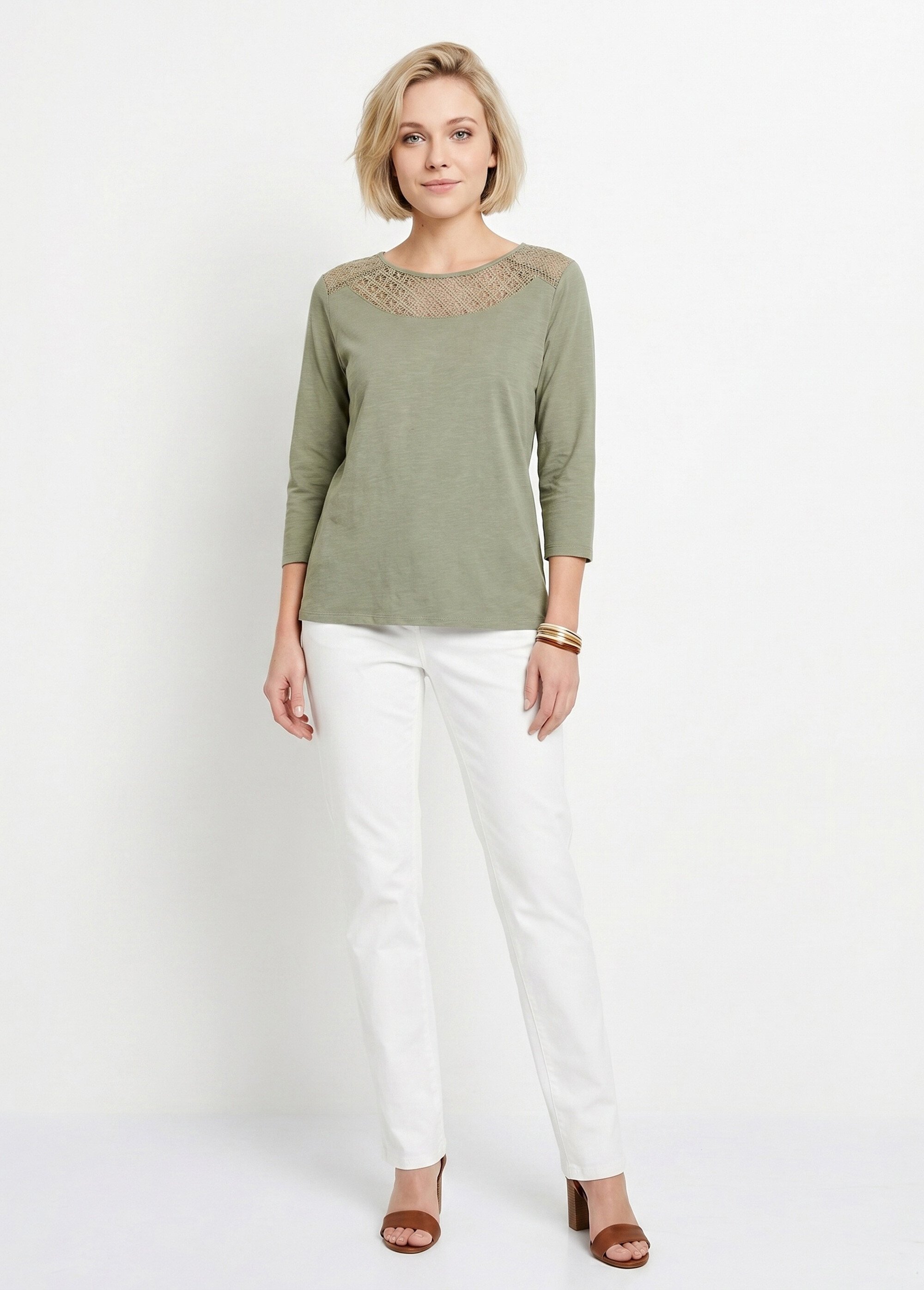 T-shirt coton et dentelle manches 3/4 Femme Vert CENTAURE SI1