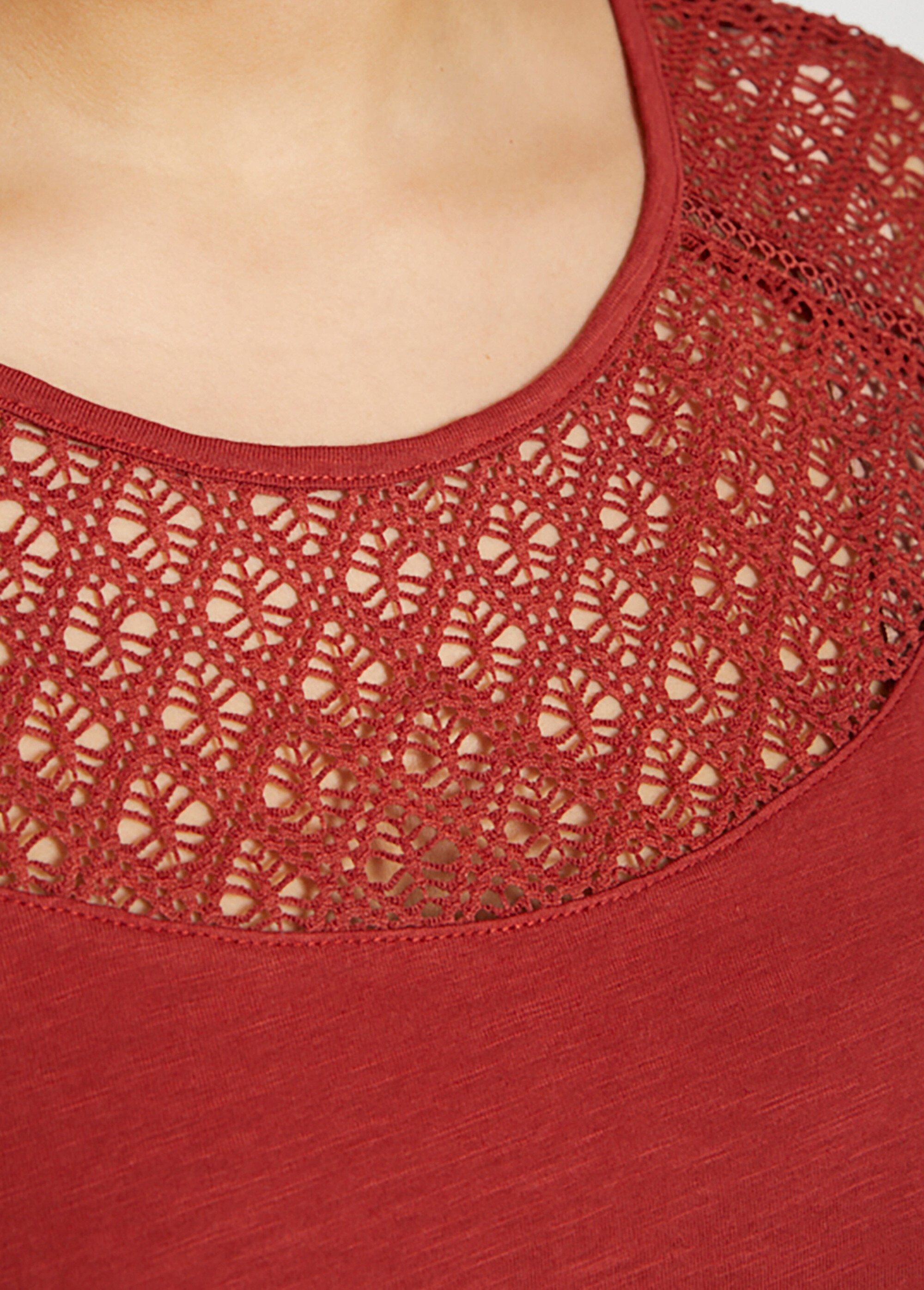 T-shirt coton et dentelle manches 3/4 Femme Rouge CENTAURE DE1