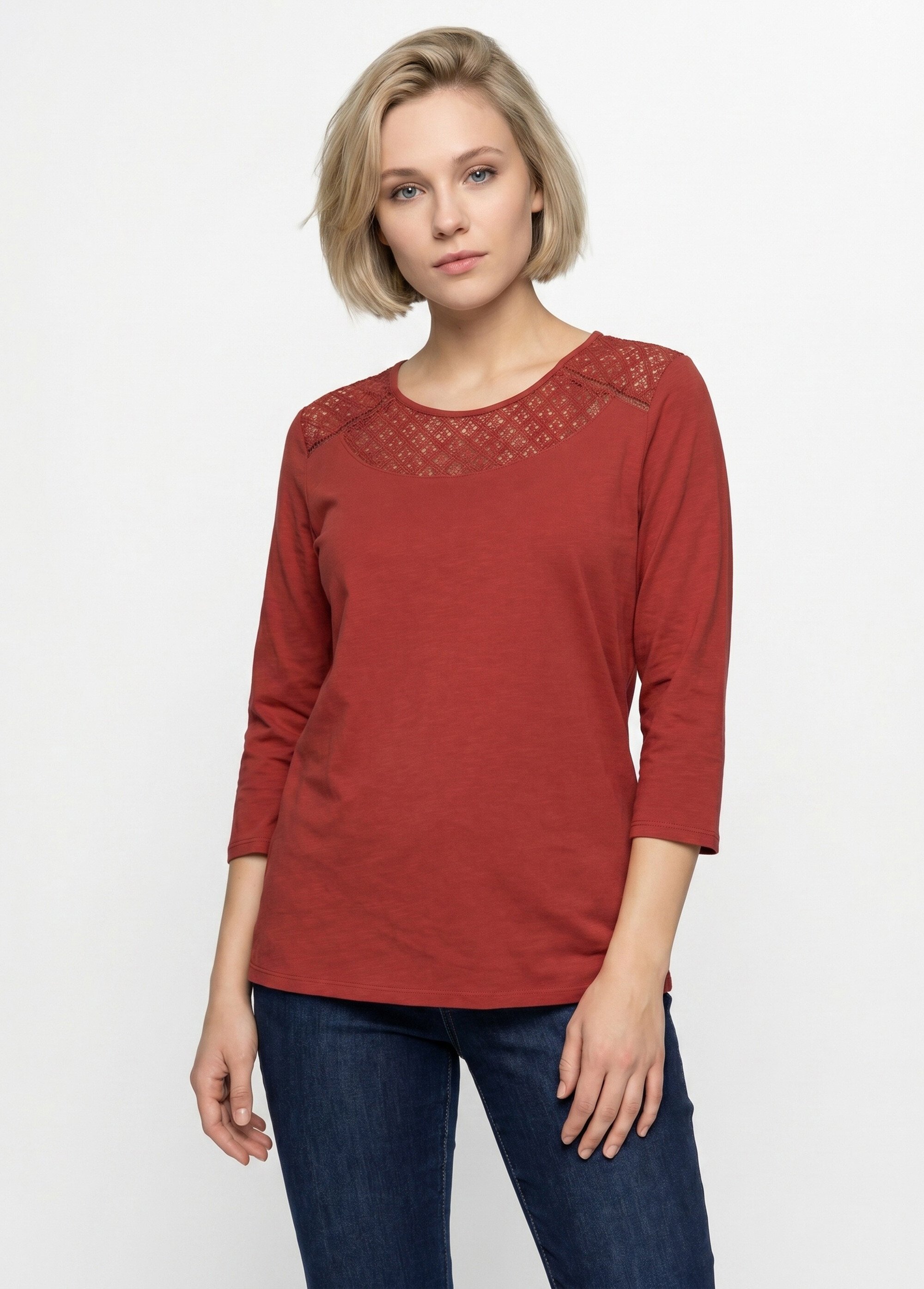 T-shirt coton et dentelle manches 3/4 Femme Rouge CENTAURE FA1