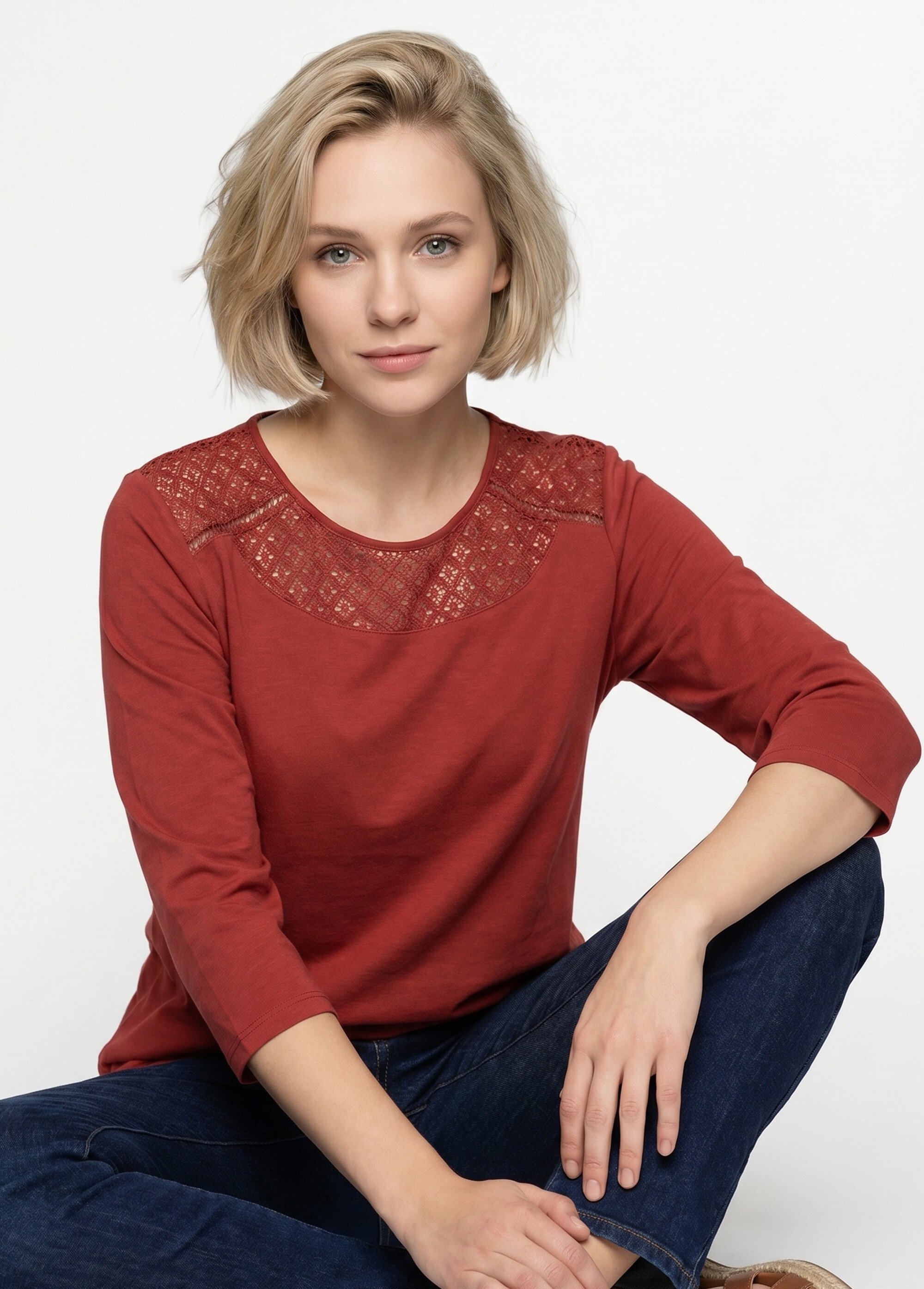 T-shirt coton et dentelle manches 3/4 Femme Rouge CENTAURE MV1