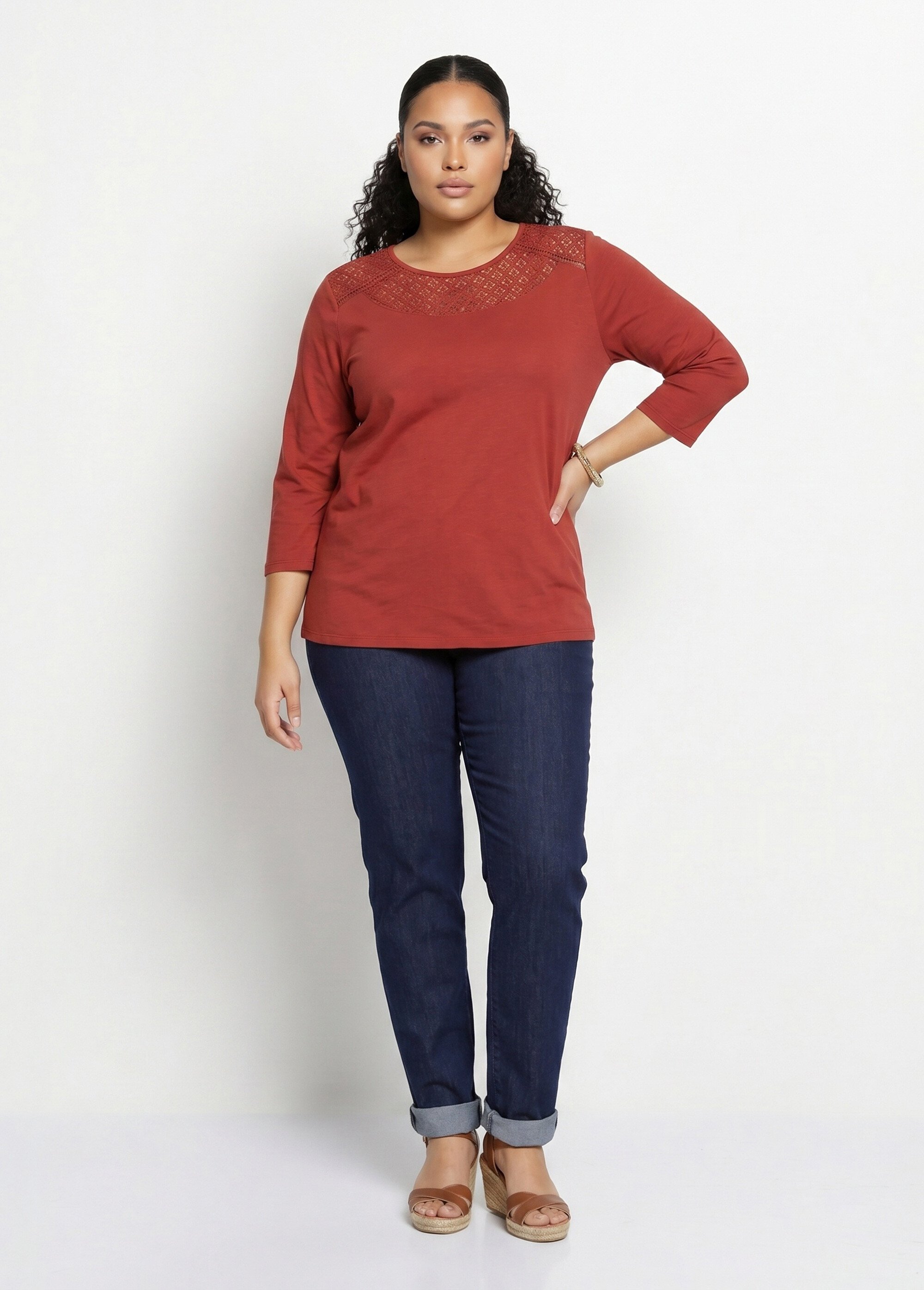 T-shirt coton et dentelle manches 3/4 Femme Grande Taille Rouge CENTAURE SI1