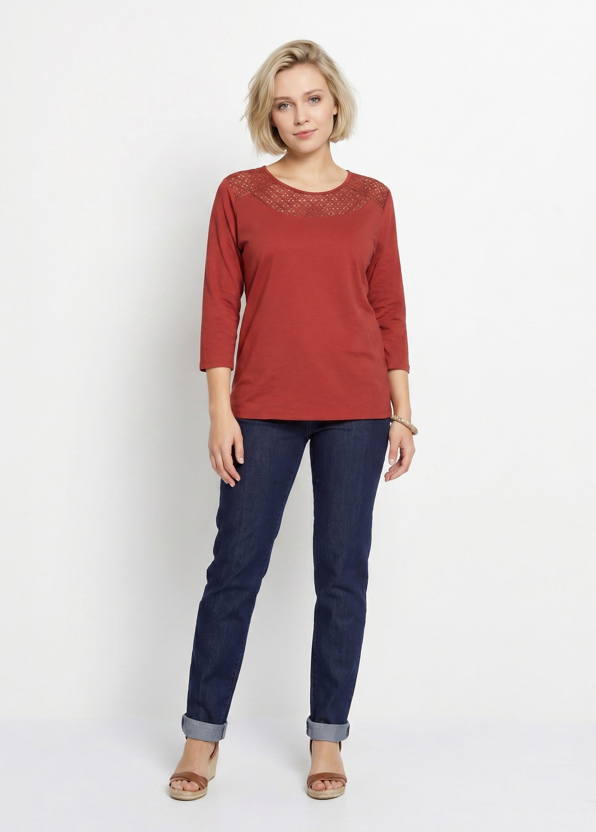 T-shirt coton et dentelle manches 3/4 Femme Rouge CENTAURE SI1