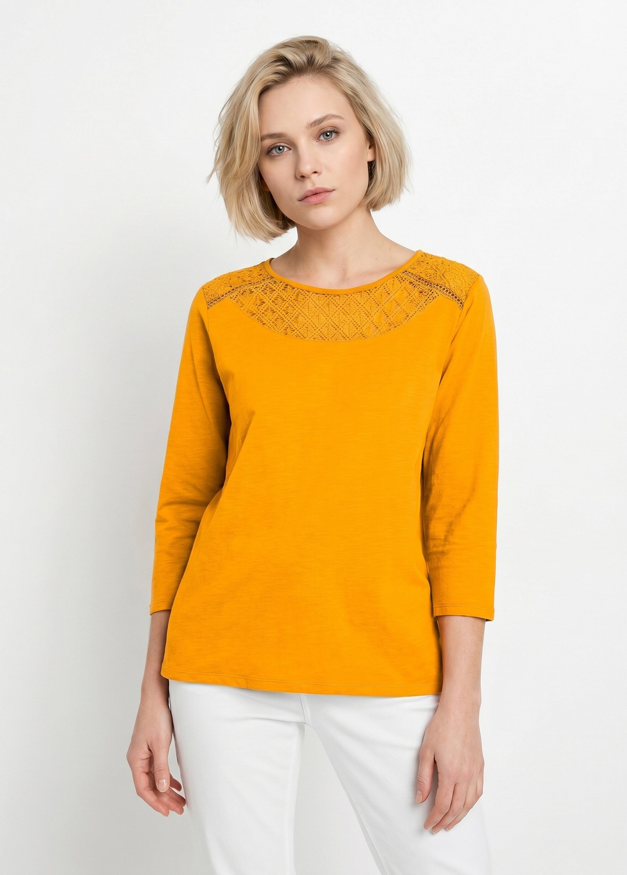 T-shirt coton et dentelle manches 3/4 Femme Jaune CENTAURE FA1