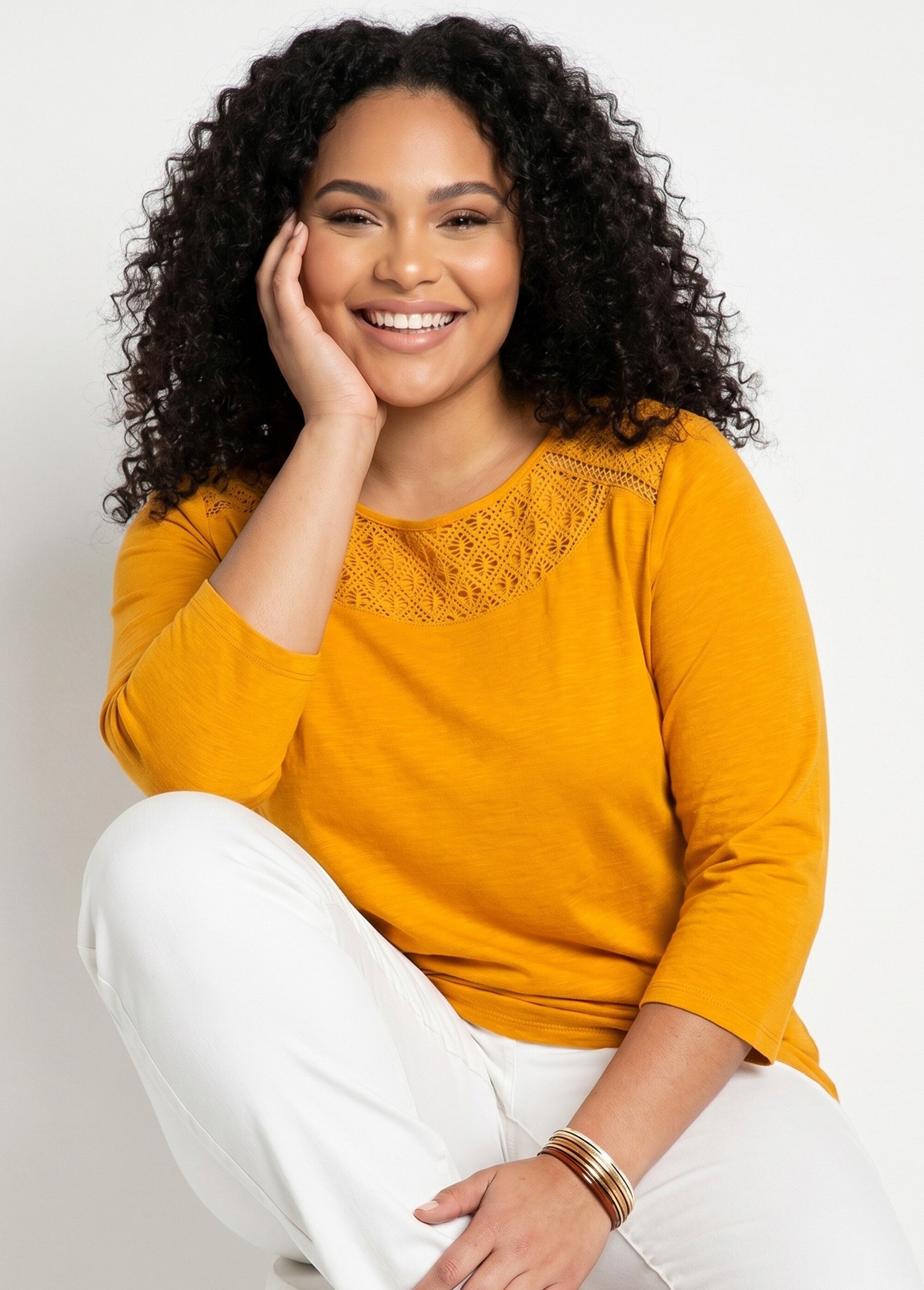 T-shirt coton et dentelle manches 3/4 Femme Grande Taille Jaune CENTAURE MV1