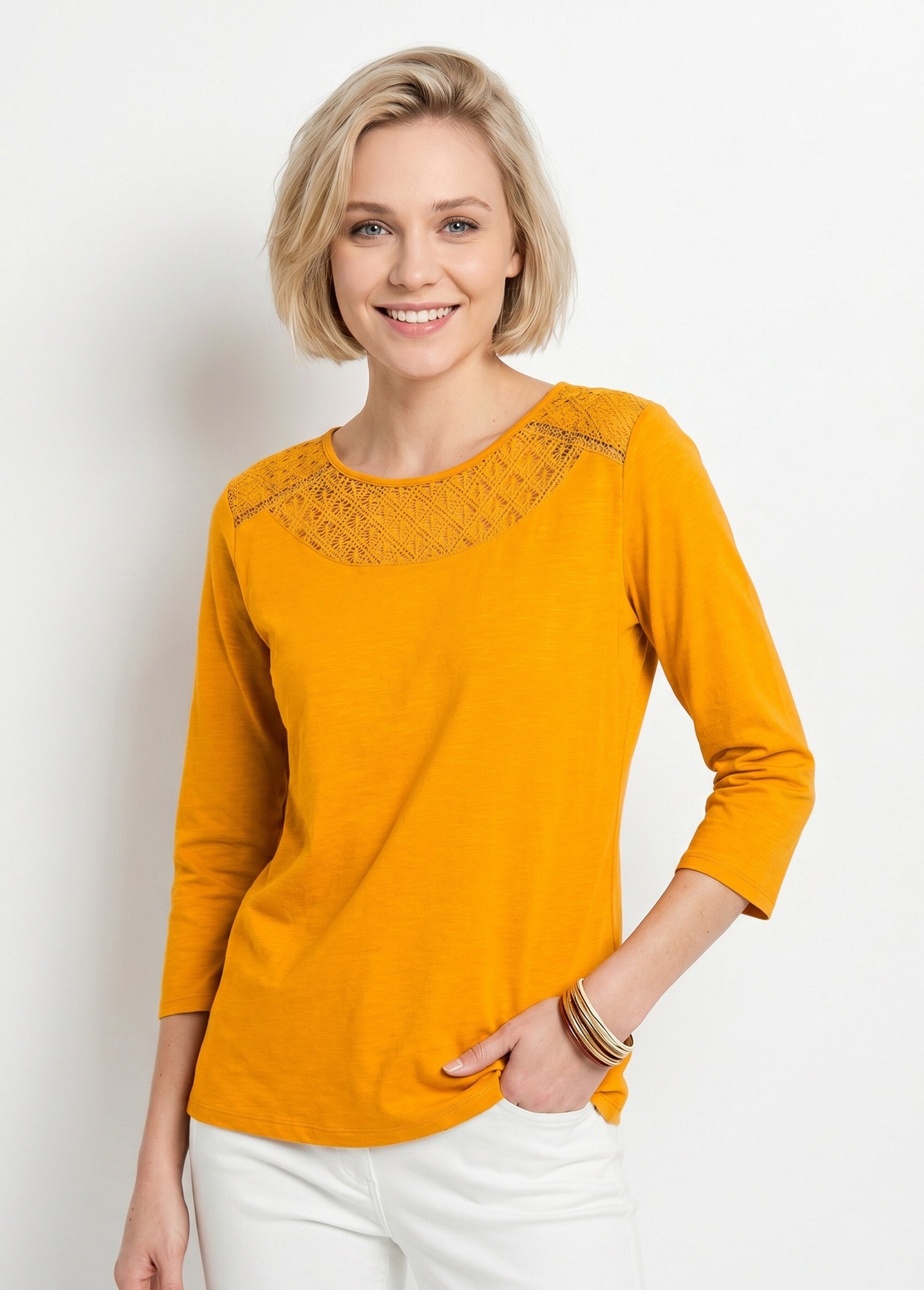 T-shirt coton et dentelle manches 3/4 Femme Jaune CENTAURE MV1