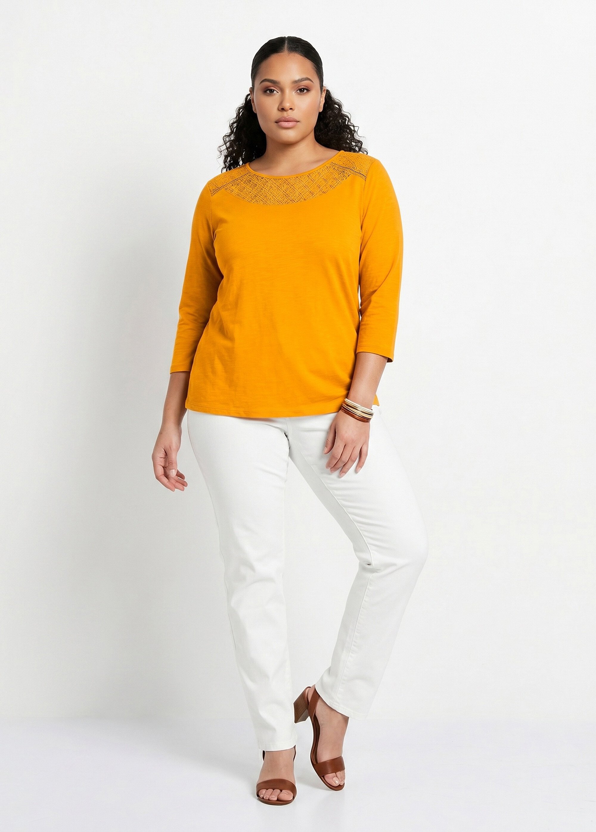 T-shirt coton et dentelle manches 3/4 Femme Grande Taille Jaune CENTAURE SI1