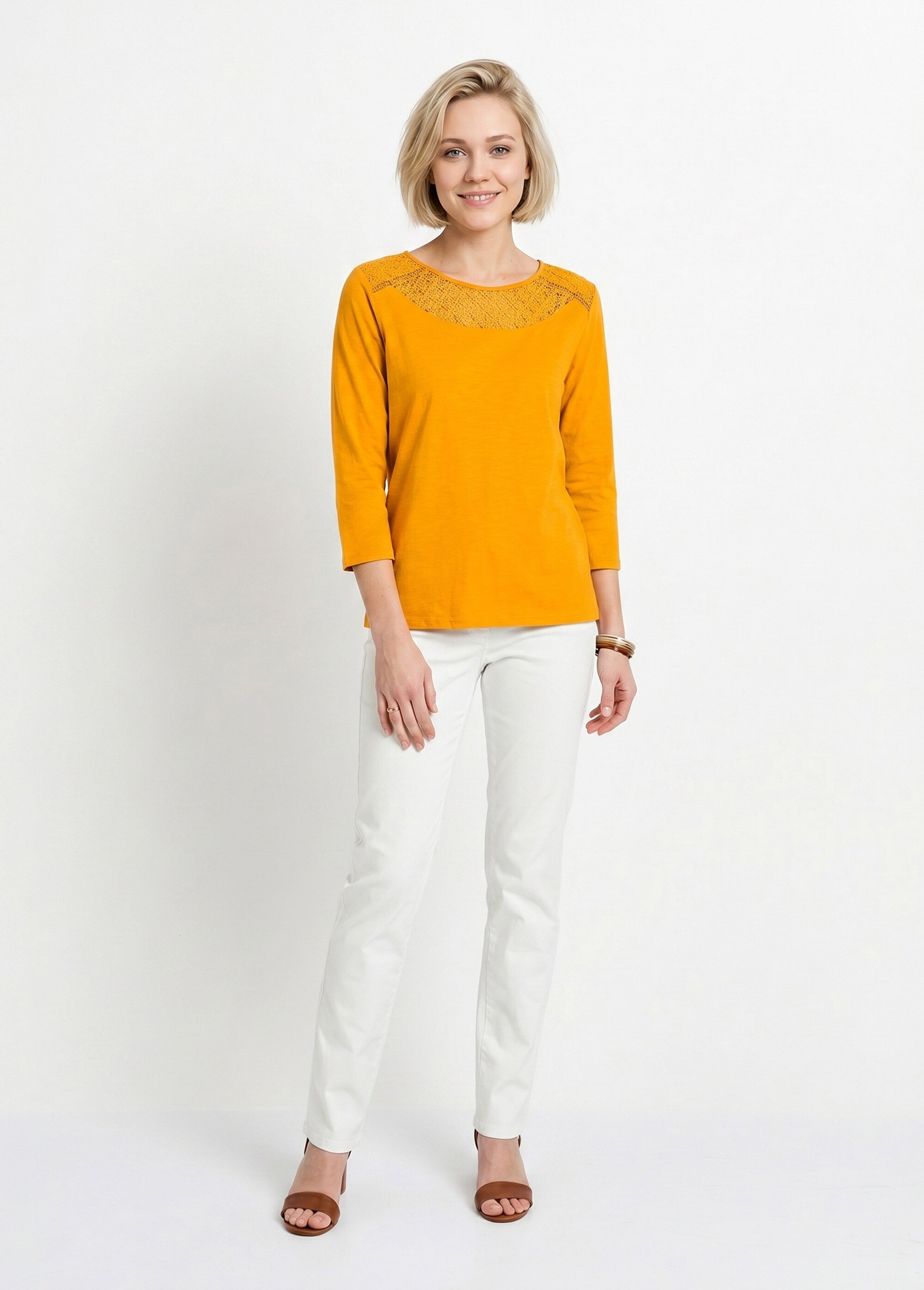 T-shirt coton et dentelle manches 3/4 Femme Jaune CENTAURE SI1