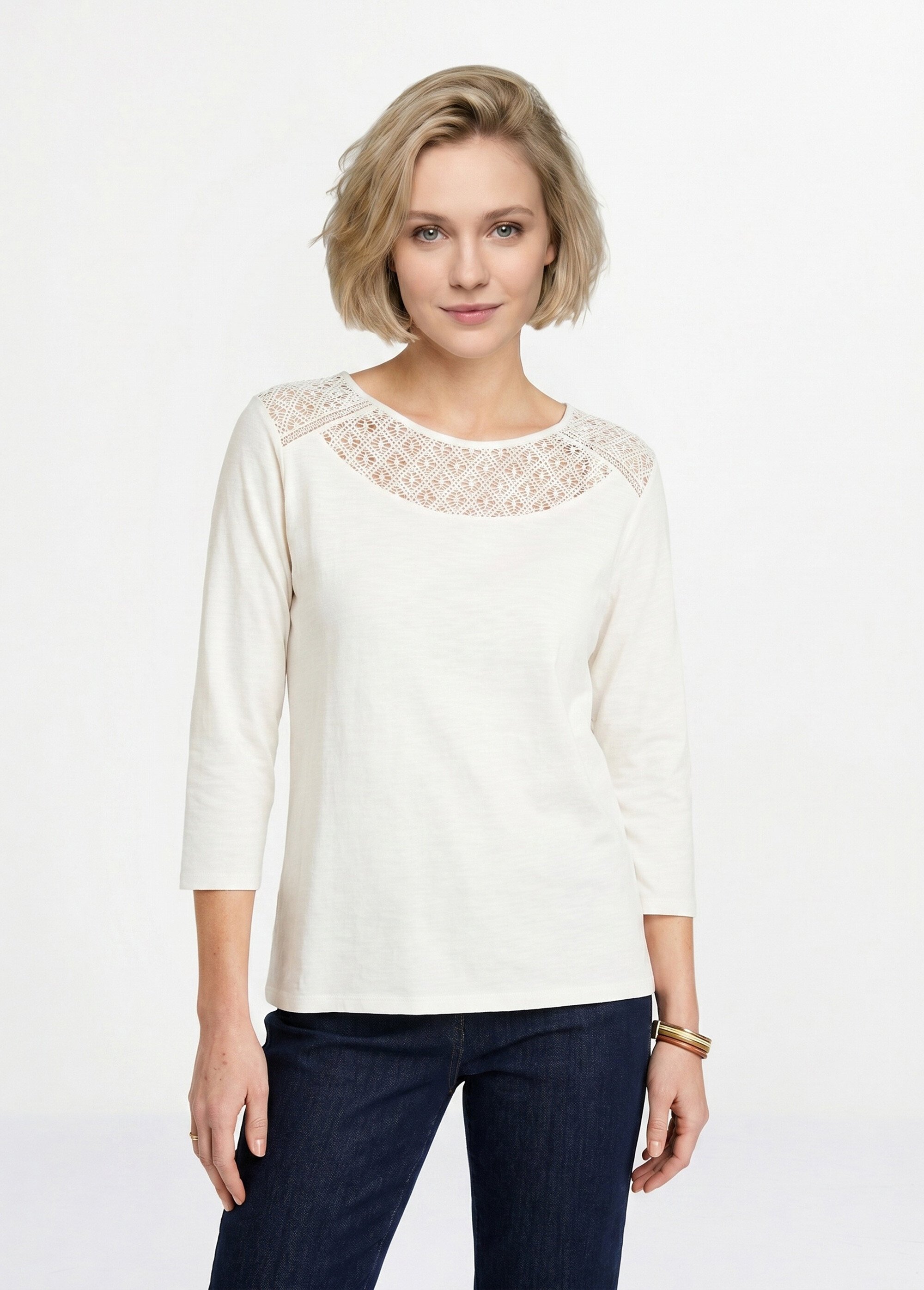 T-shirt coton et dentelle manches 3/4 Femme Blanc CENTAURE FA1