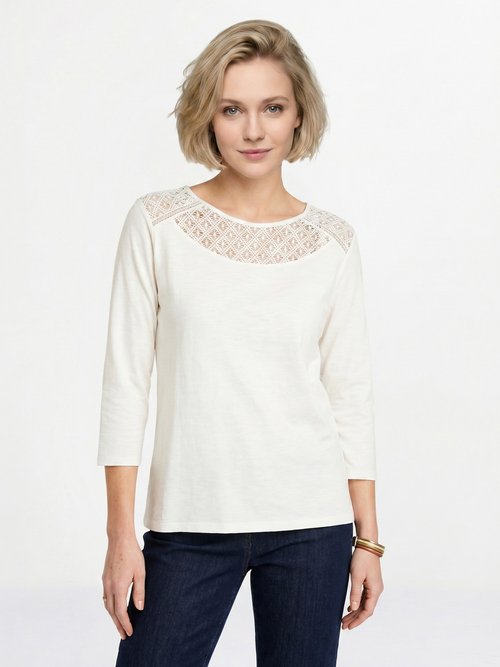 T-shirt coton et dentelle manches 3/4 Femme Blanc CENTAURE FA1