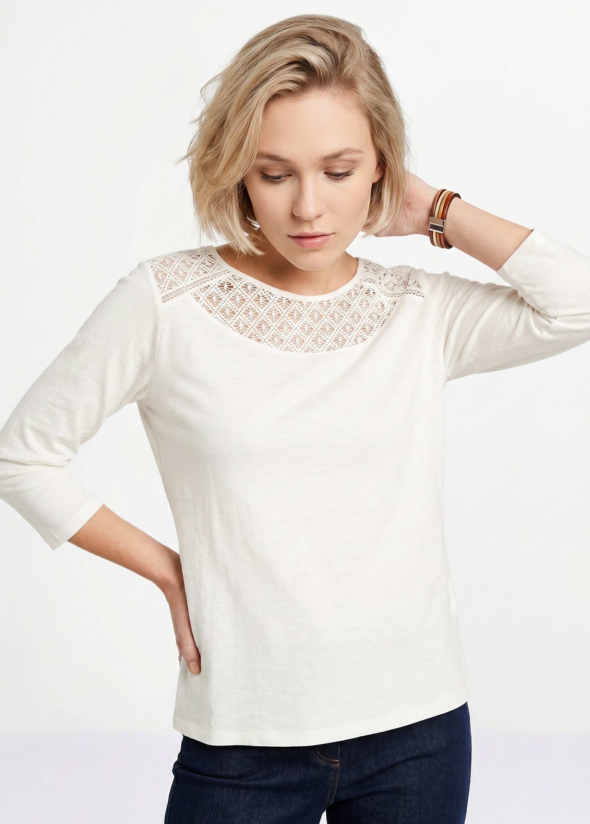 T-shirt coton et dentelle manches 3/4