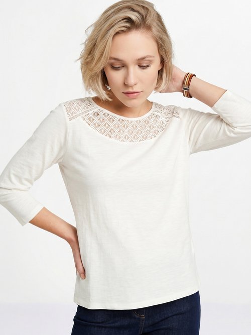 T-shirt coton et dentelle manches 3/4 Femme Blanc CENTAURE MV1