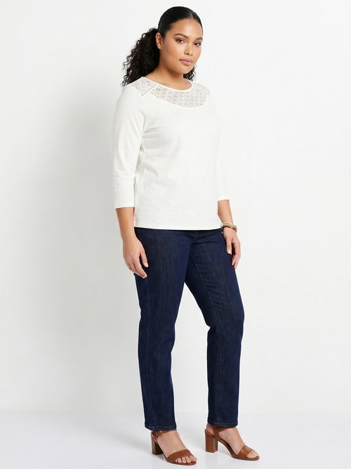 T-shirt coton et dentelle manches 3/4 Femme Grande Taille Blanc CENTAURE SI1