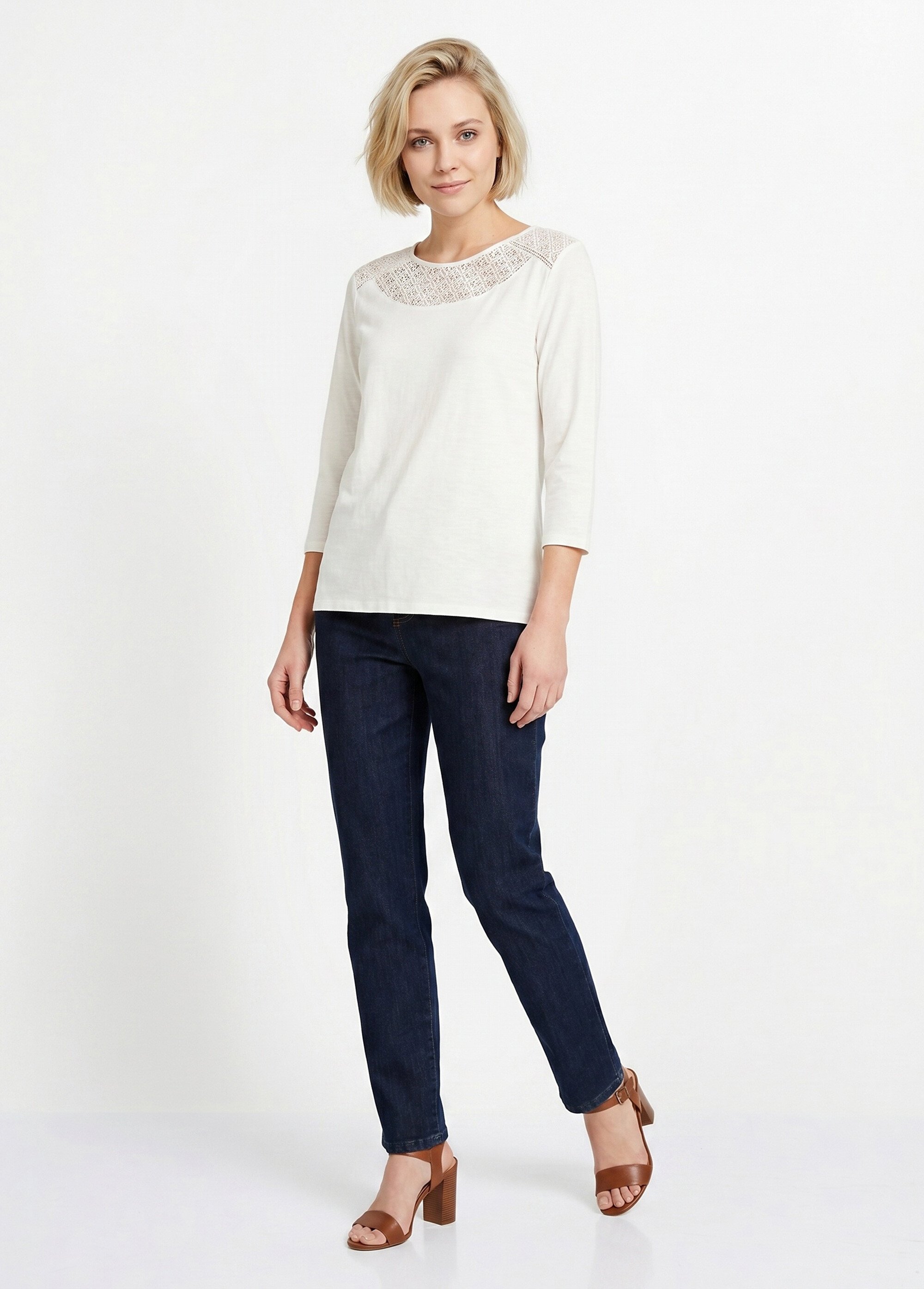 T-shirt coton et dentelle manches 3/4 Femme Blanc CENTAURE SI1