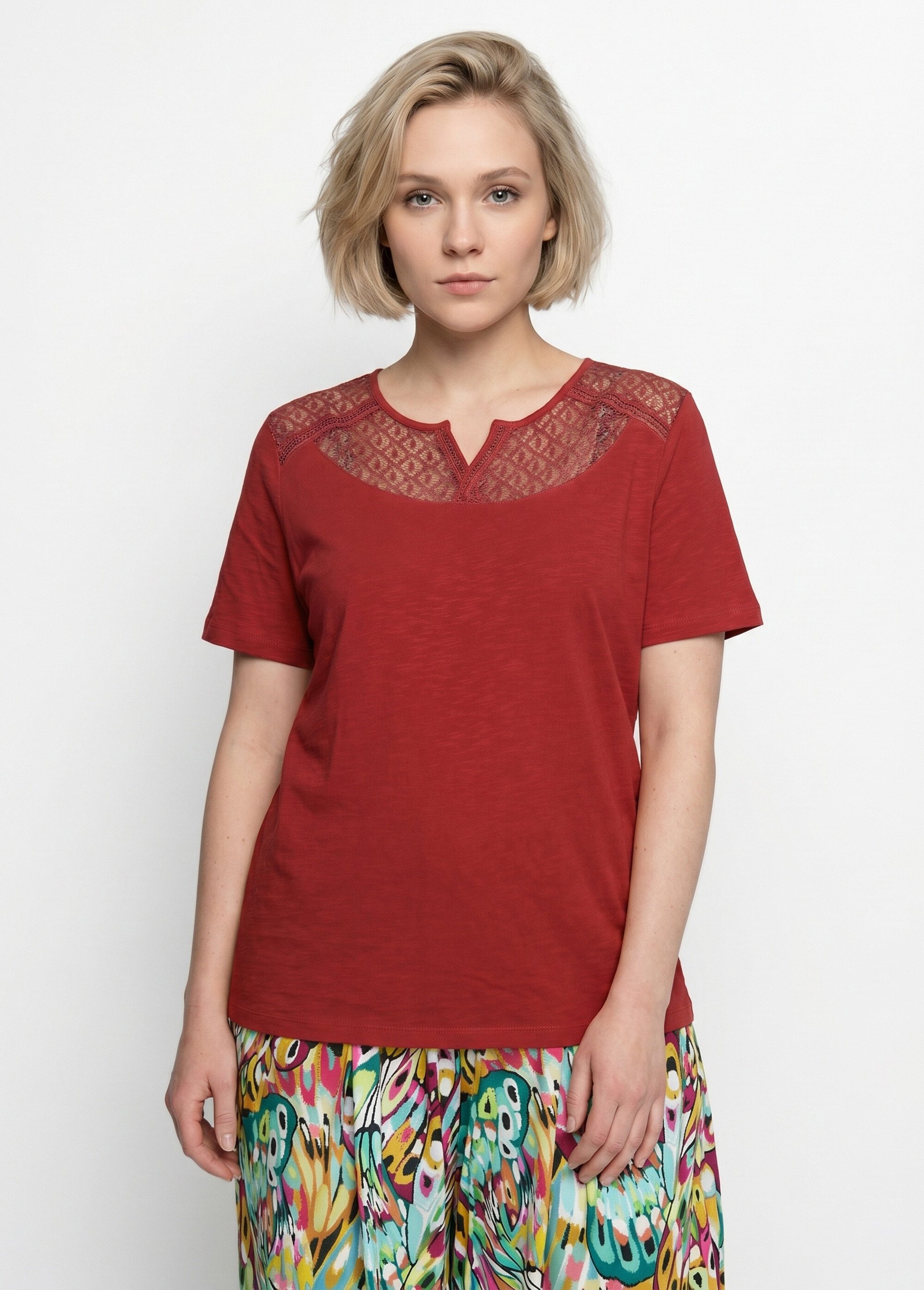 T-shirt coton maille flammée dentelle Femme Rouge CERISIER FA1