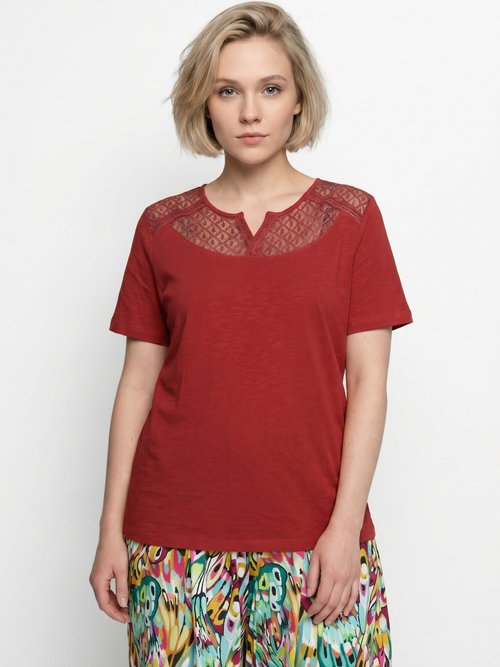 T-shirt coton maille flammée dentelle Femme Rouge CERISIER FA1