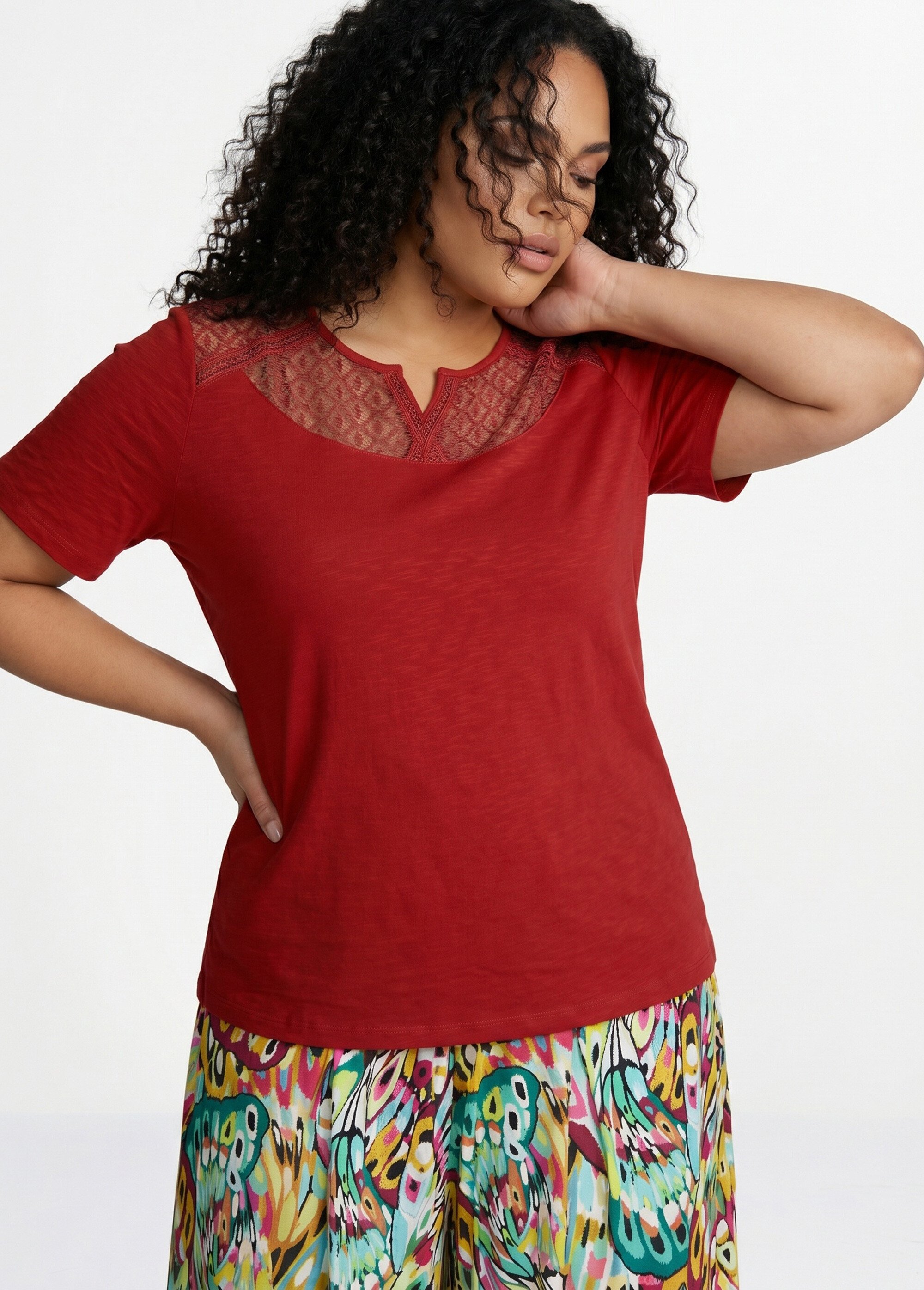 T-shirt coton maille flammée dentelle Femme Grande Taille Rouge CERISIER MV1