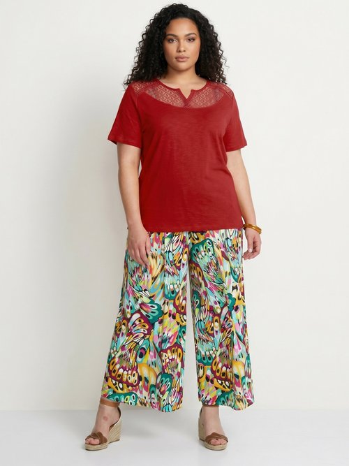 T-shirt coton maille flammée dentelle Femme Grande Taille Rouge CERISIER SI1