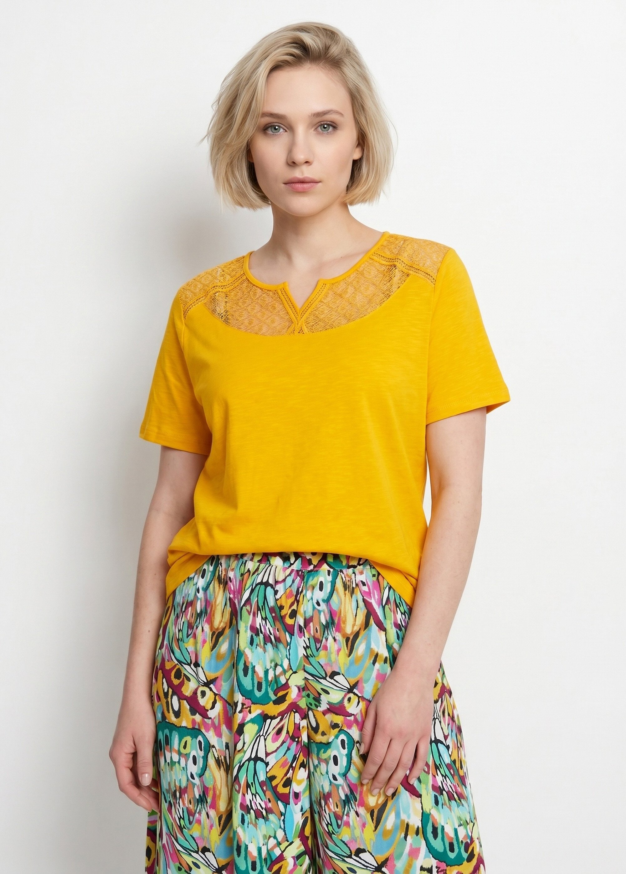 T-shirt coton maille flammée dentelle Femme Jaune CERISIER FA1