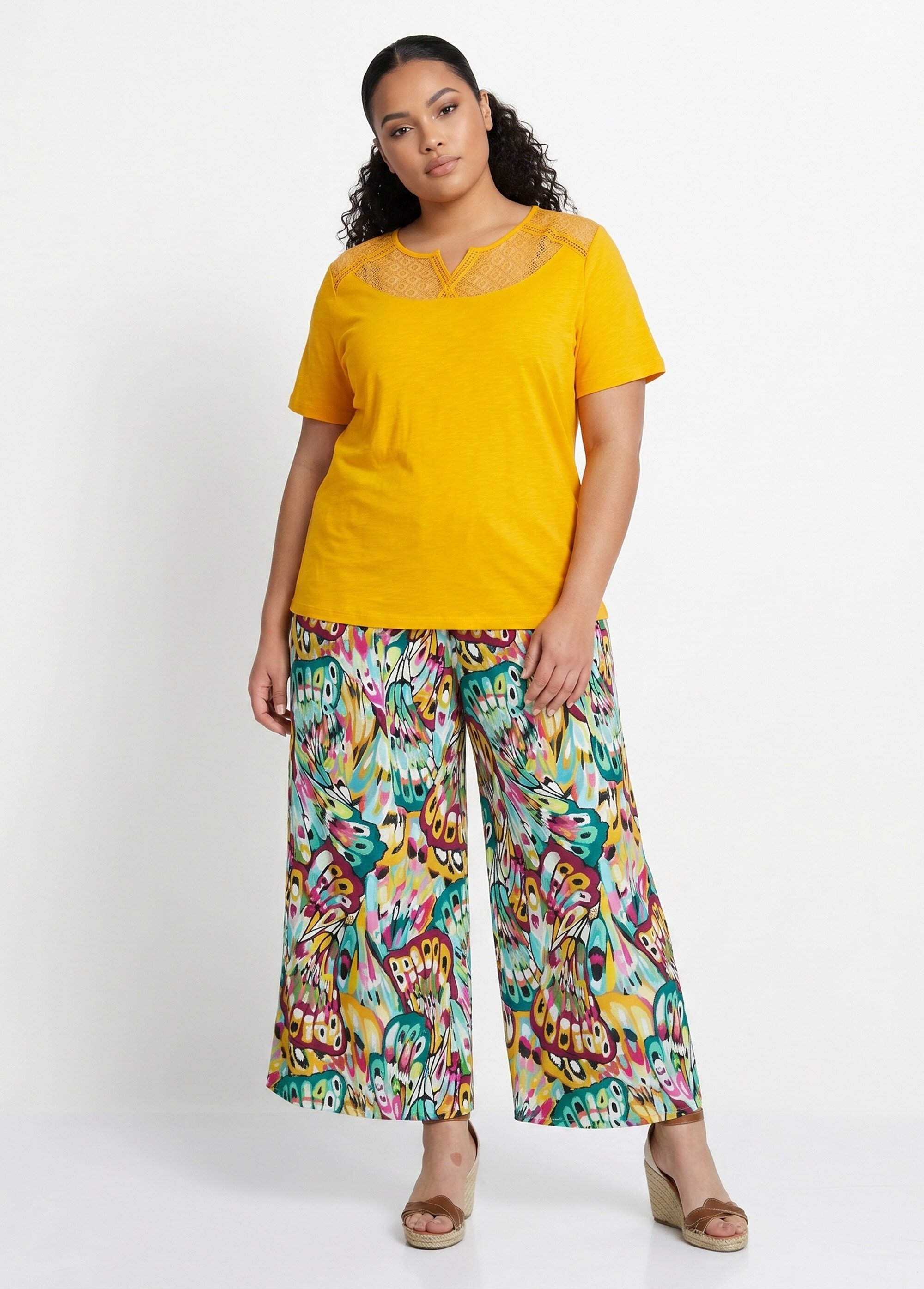T-shirt coton maille flammée dentelle Femme Grande Taille Jaune CERISIER SI1