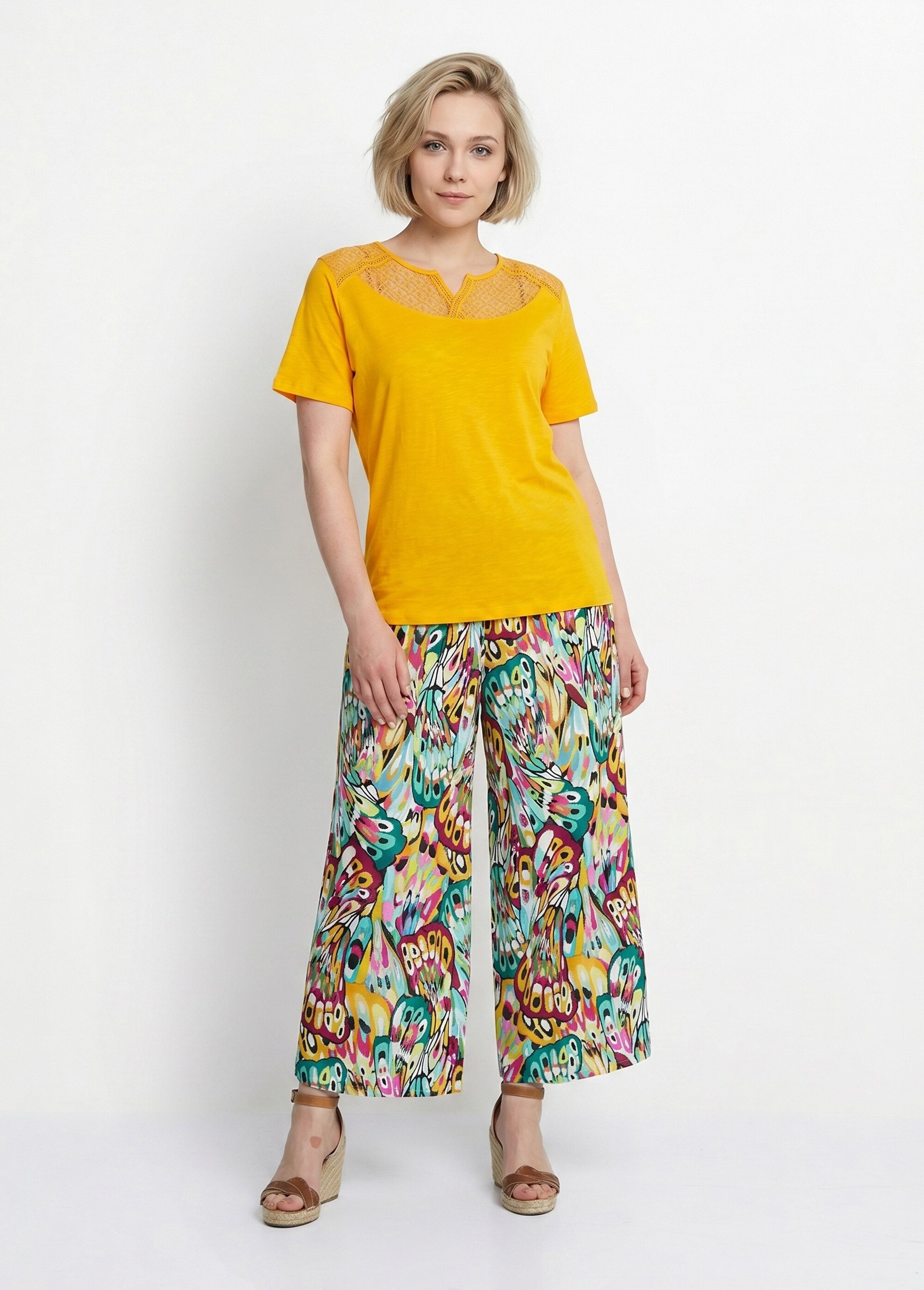 T-shirt coton maille flammée dentelle Femme Jaune CERISIER SI1
