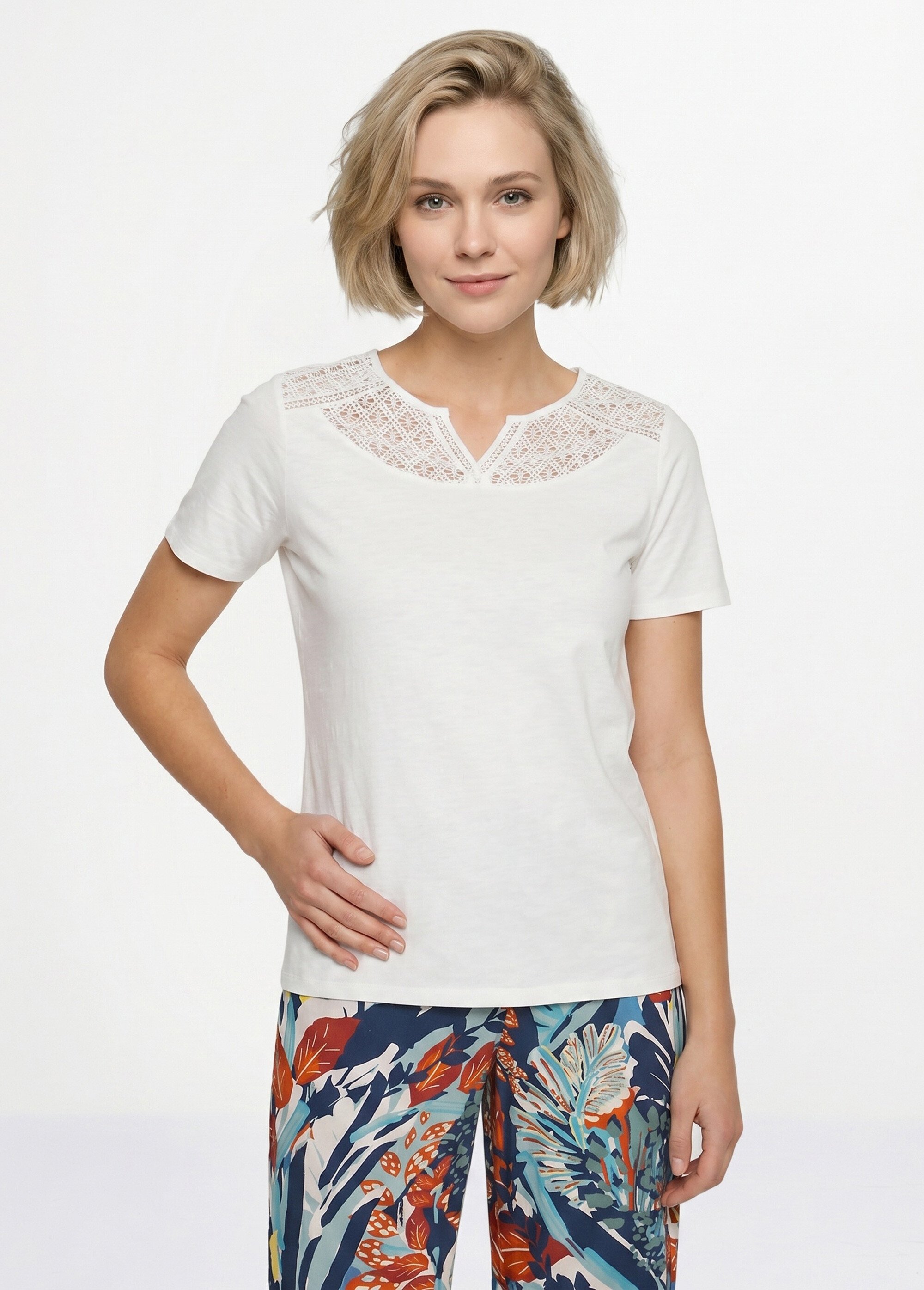 T-shirt coton maille flammée dentelle Femme Blanc CERISIER FA1