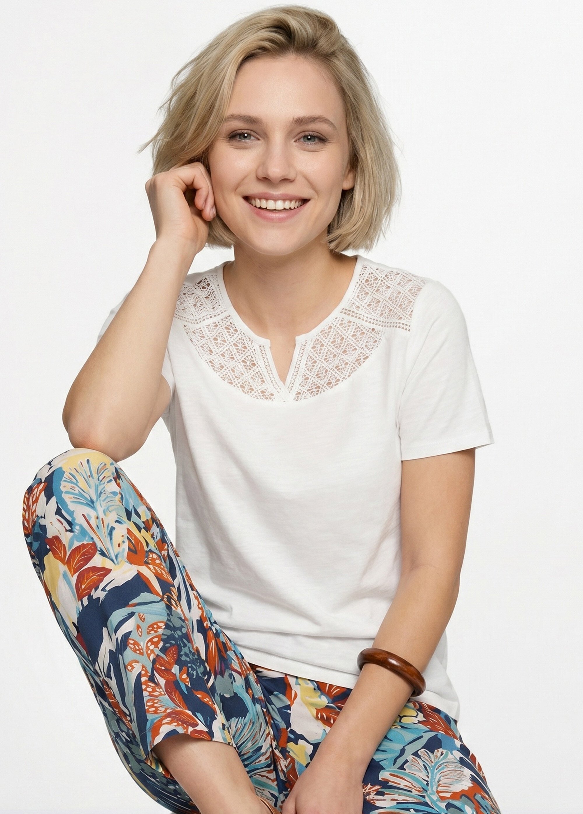 T-shirt coton maille flammée dentelle