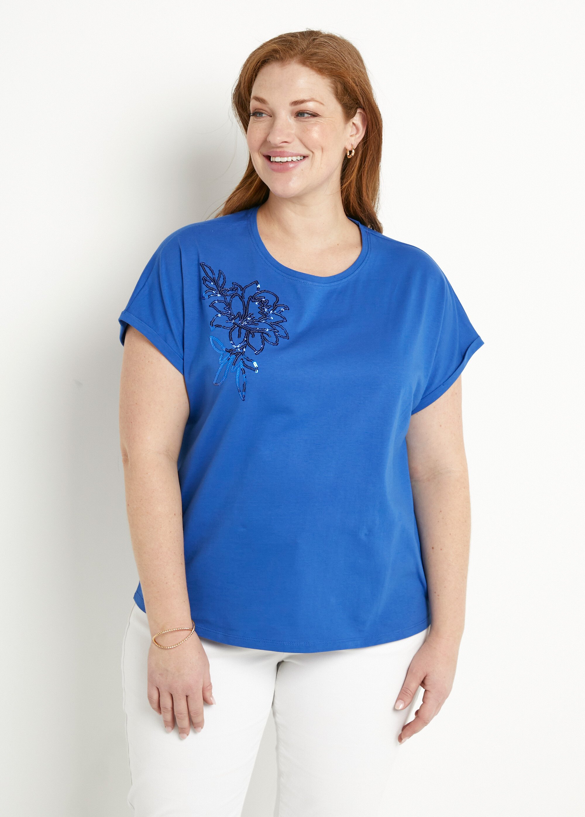 T-shirt coton uni sequins manches courtes