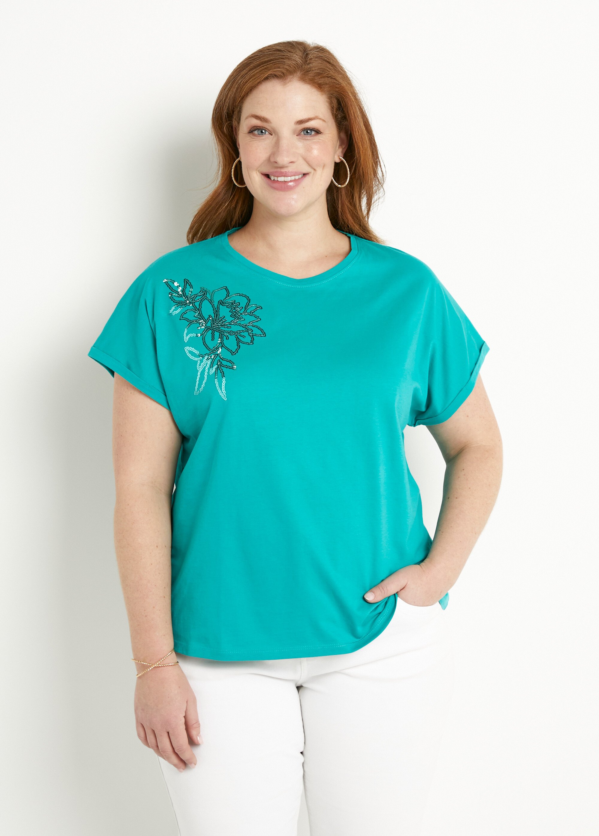 T-shirt coton uni sequins manches courtes