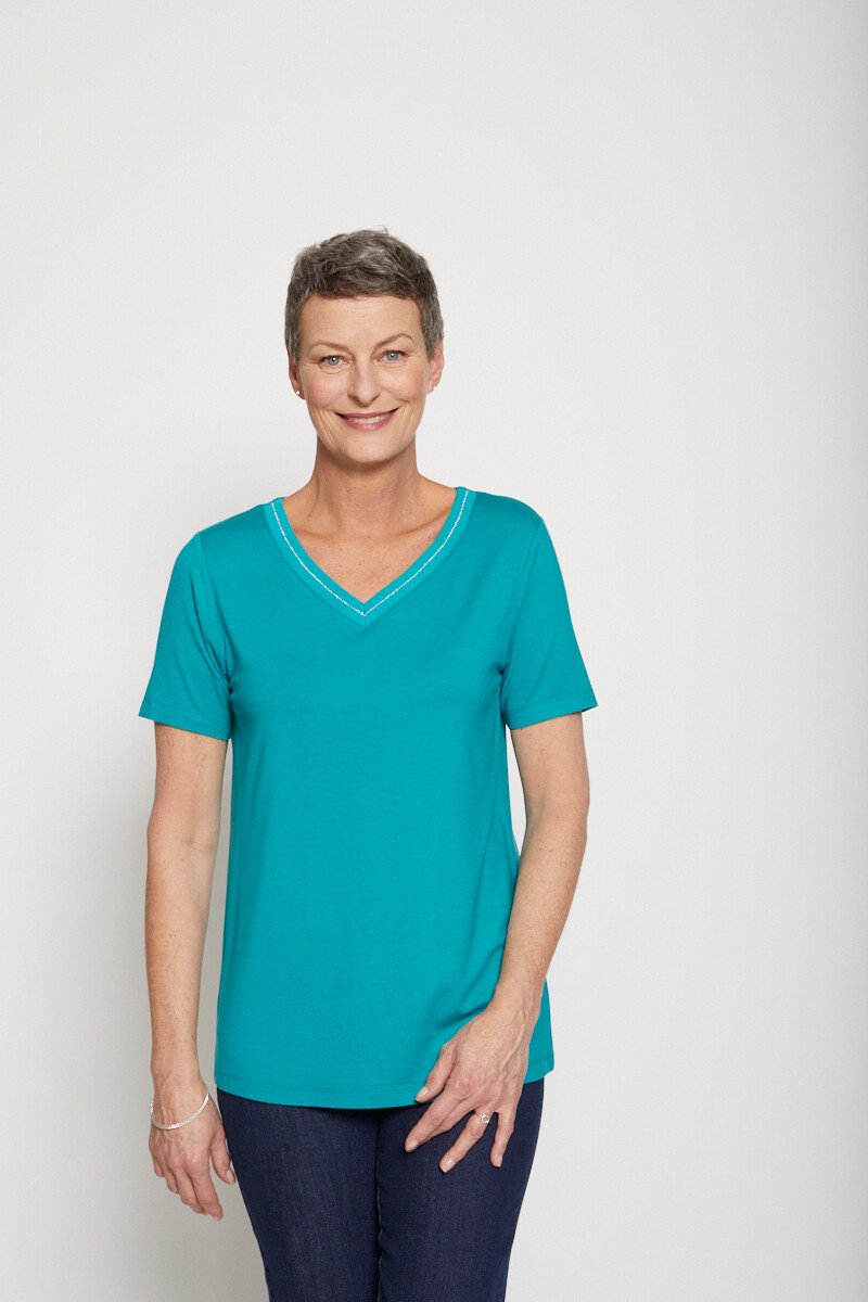 T-shirt jersey col V avec galon irisé