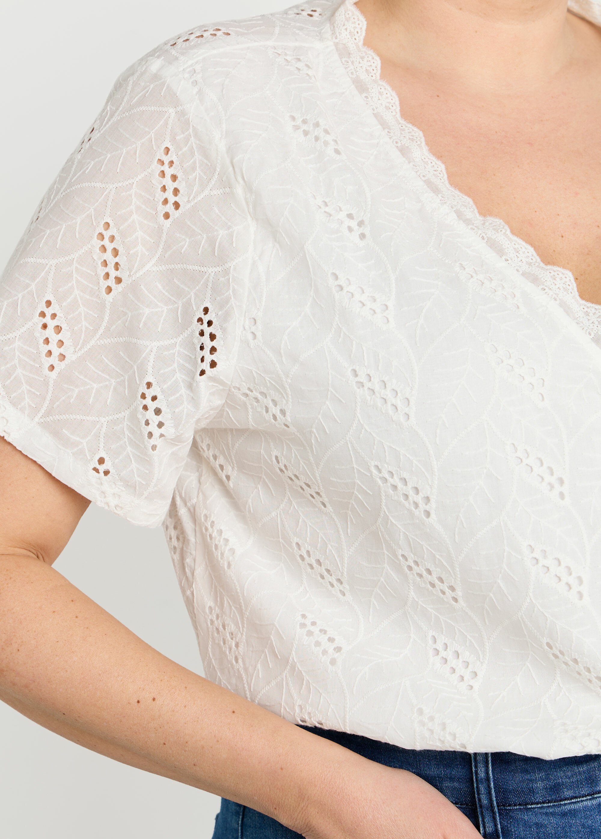 Tunique broderie anglaise, encolure V Femme Grande Taille Blanc MA-1116-1721 DE1