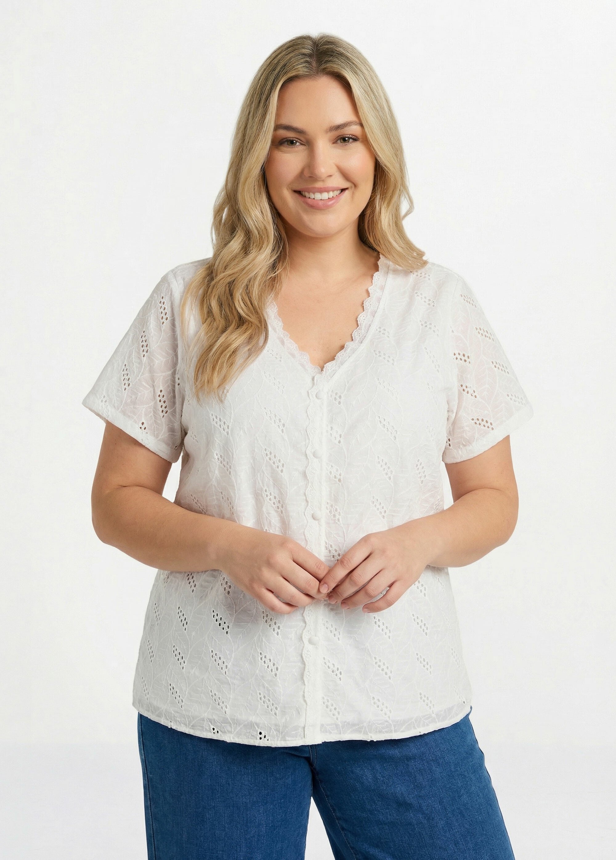 Tunique broderie anglaise, encolure V Femme Grande Taille Blanc MA-1116-1721 FA1