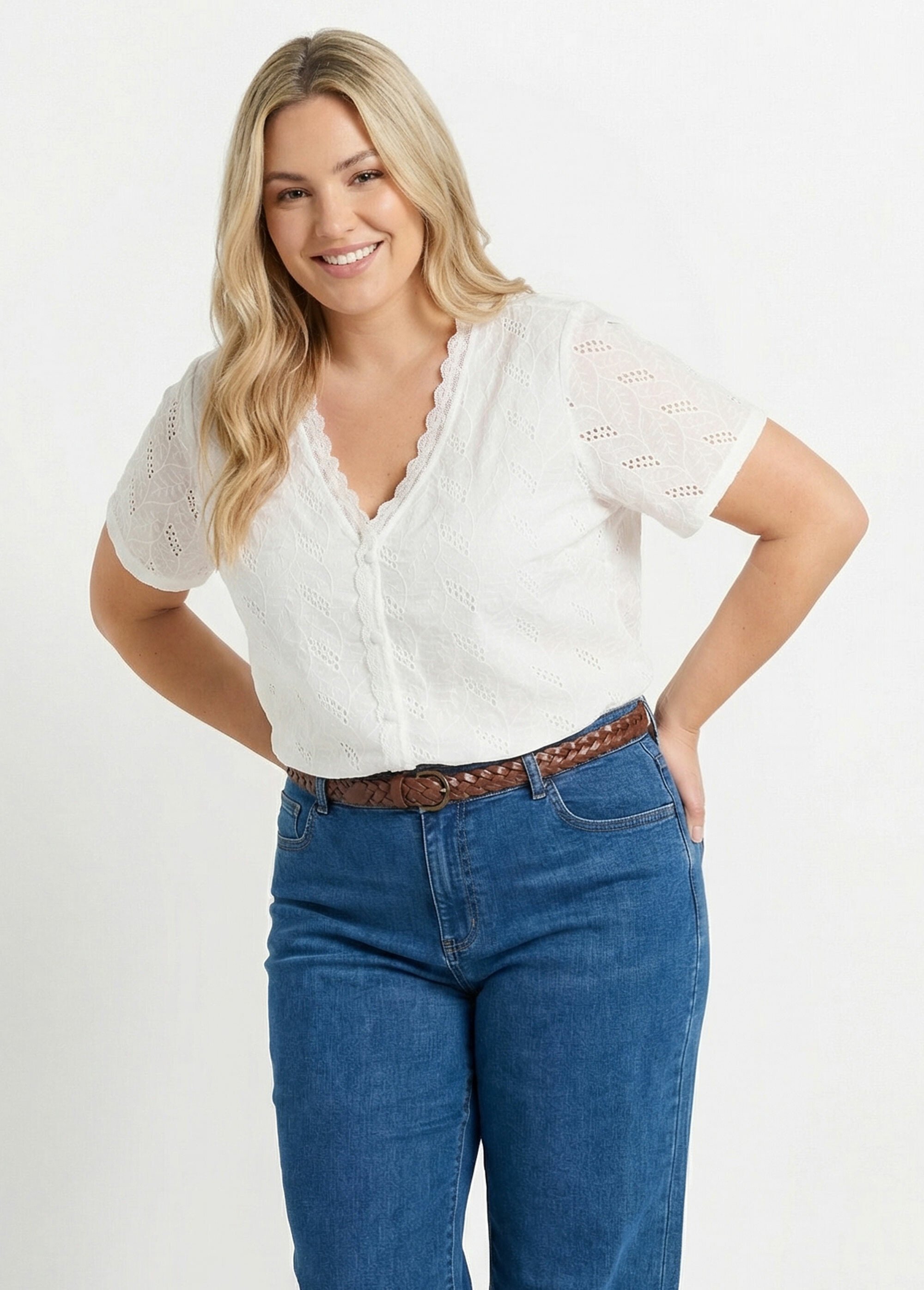 Tunique broderie anglaise, encolure V Femme Grande Taille Blanc MA-1116-1721 MV1