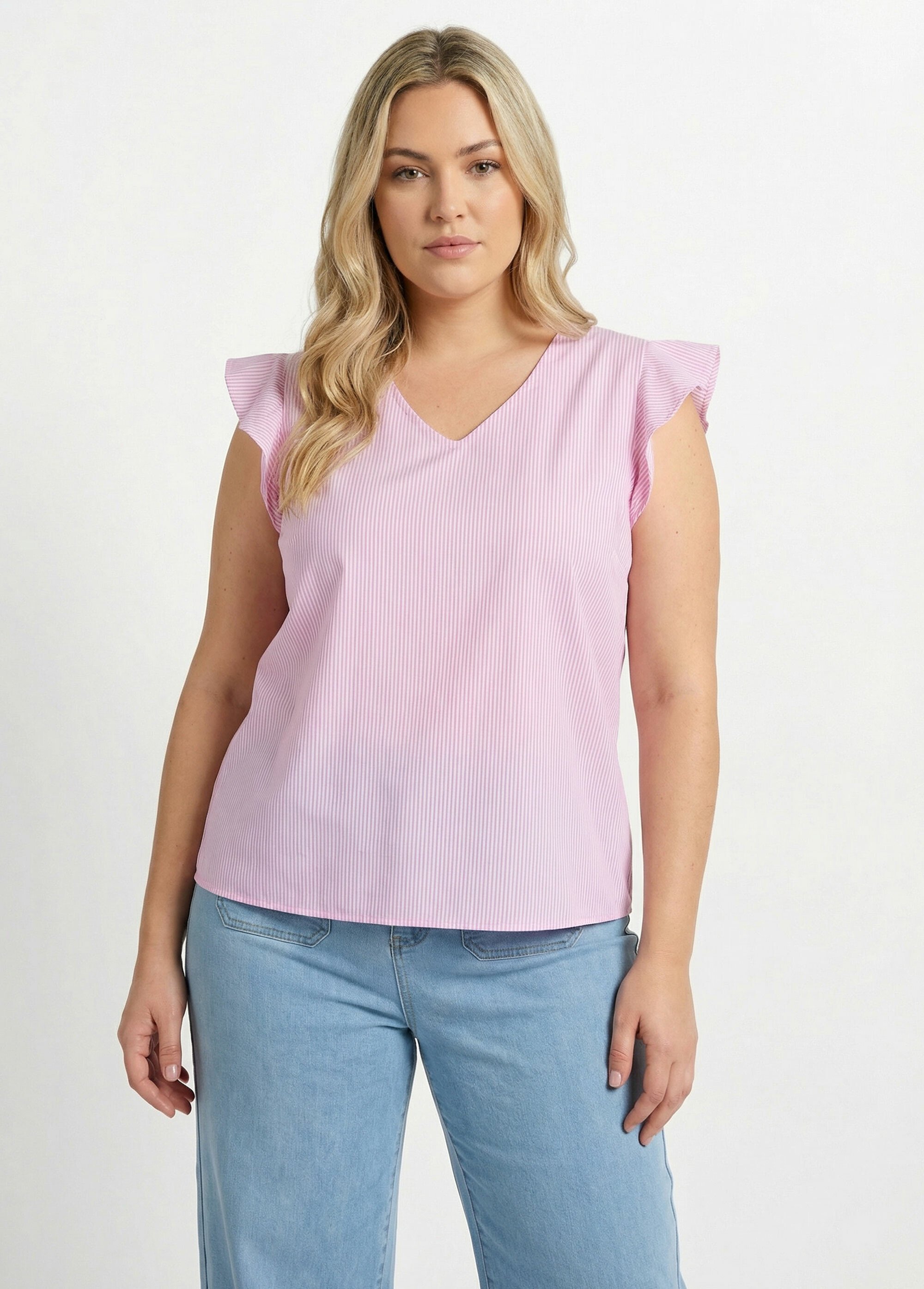 Tunique rayée col V avec piping doré Femme Grande Taille Rose MA-378-1251 FA1