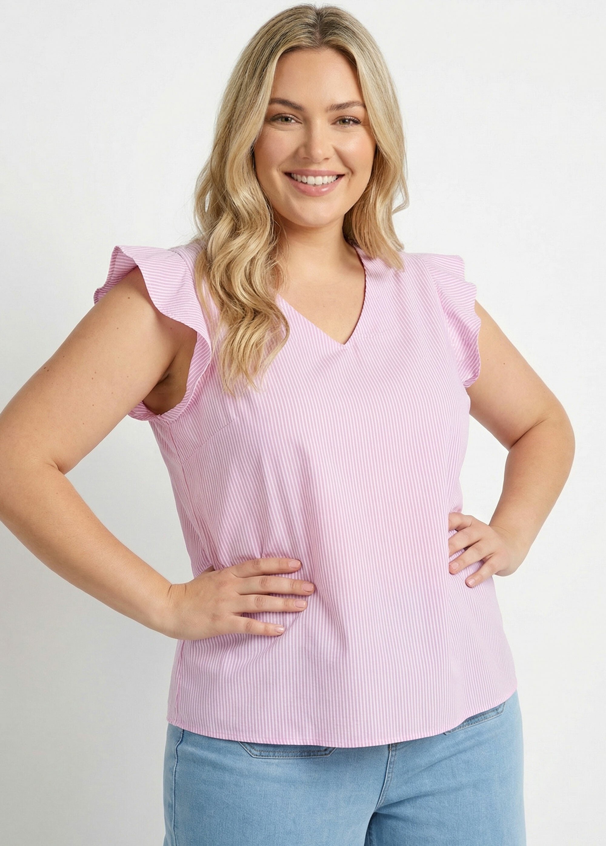 Tunique rayée col V avec piping doré Femme Grande Taille Rose MA-378-1251 MV1